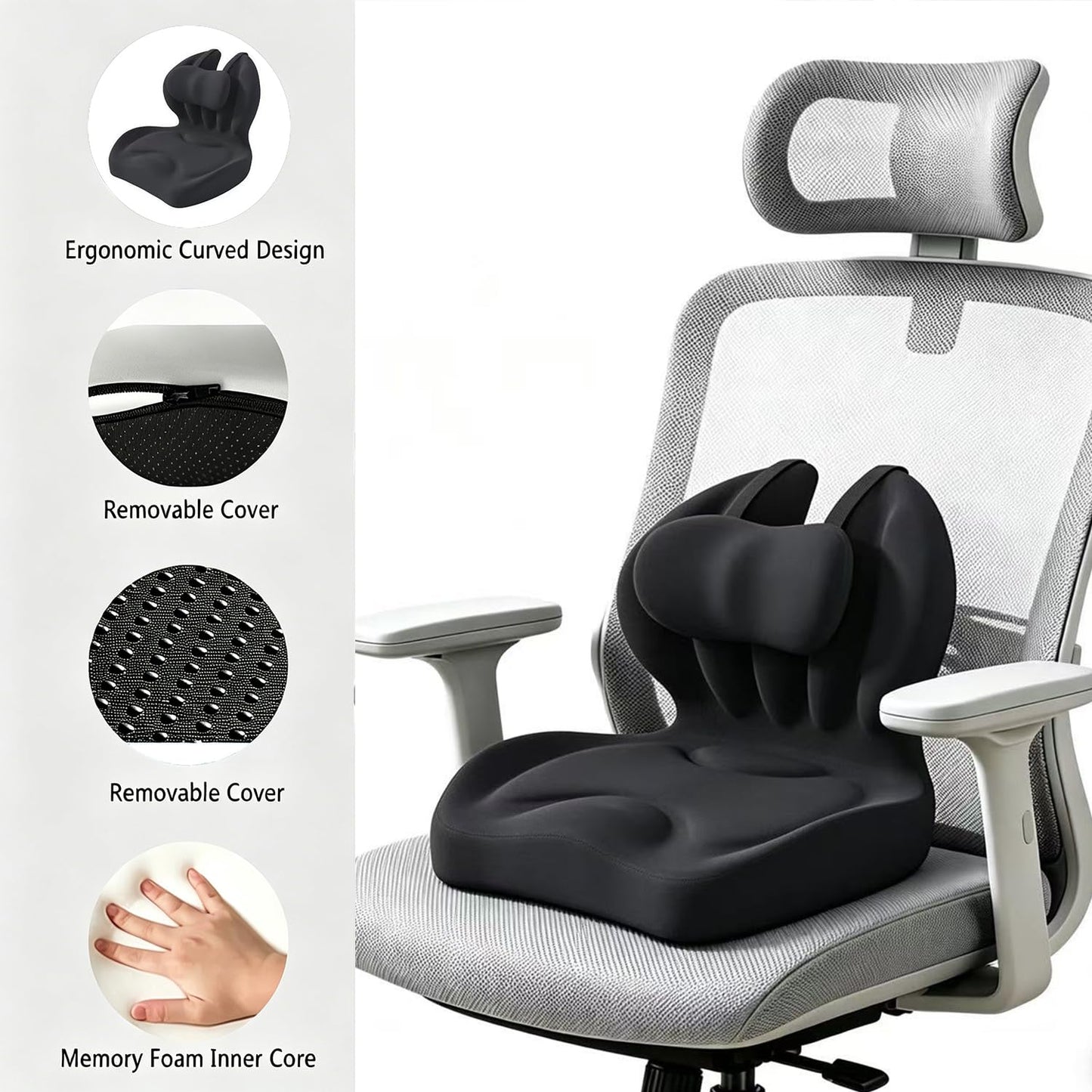 Senaire Office Chair Cushions, Comfortable Memory Foam Seat Cushion, Back Support Cushion Suitable for Car Seats, Office and Travel Backrests (Black)