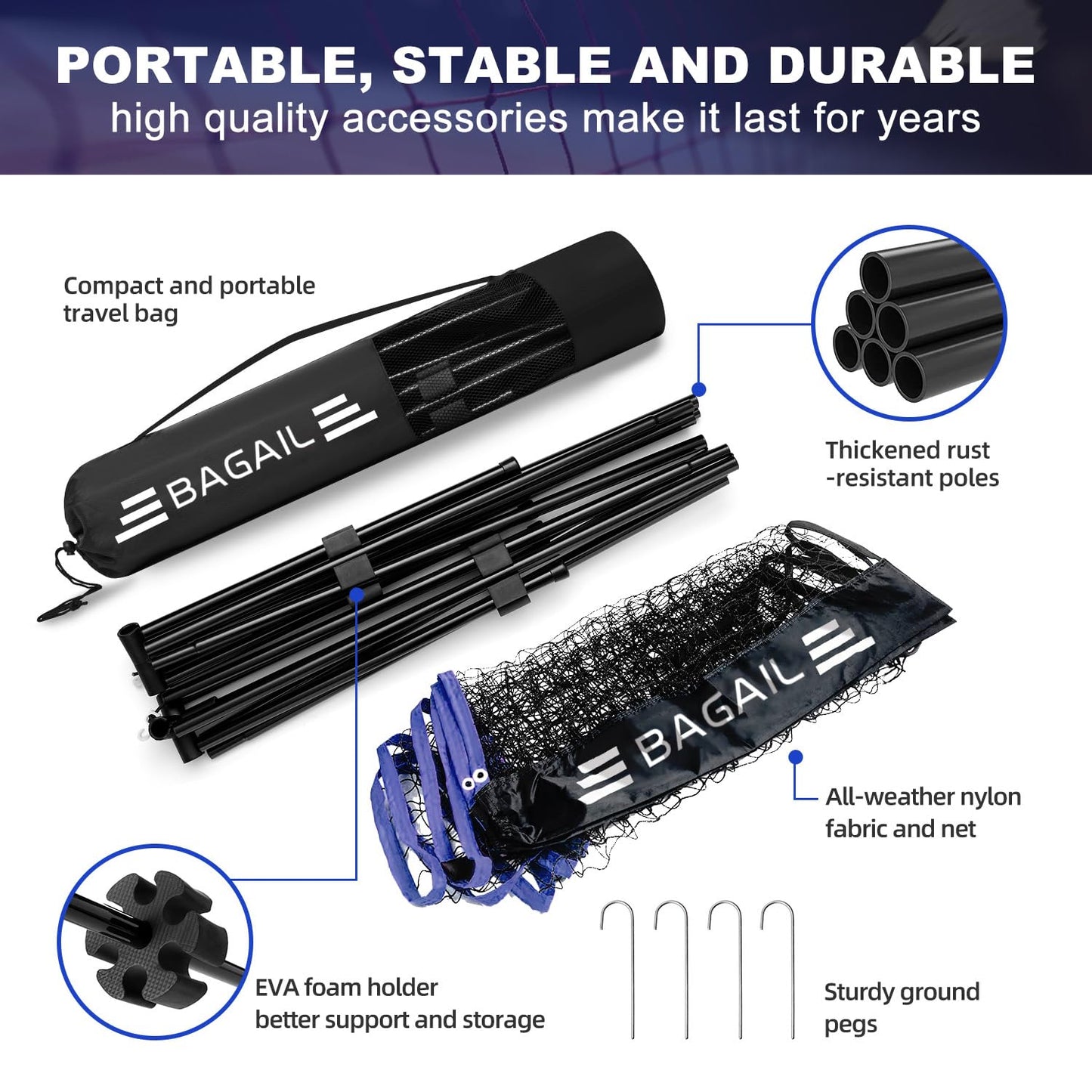 BAGAIL Badminton Net, Foldable Nylon Net, Hieght Adjustable Stand and Portable Carry Bag, Easy to Assemble or Disassemble, Ideal Recreational Sports