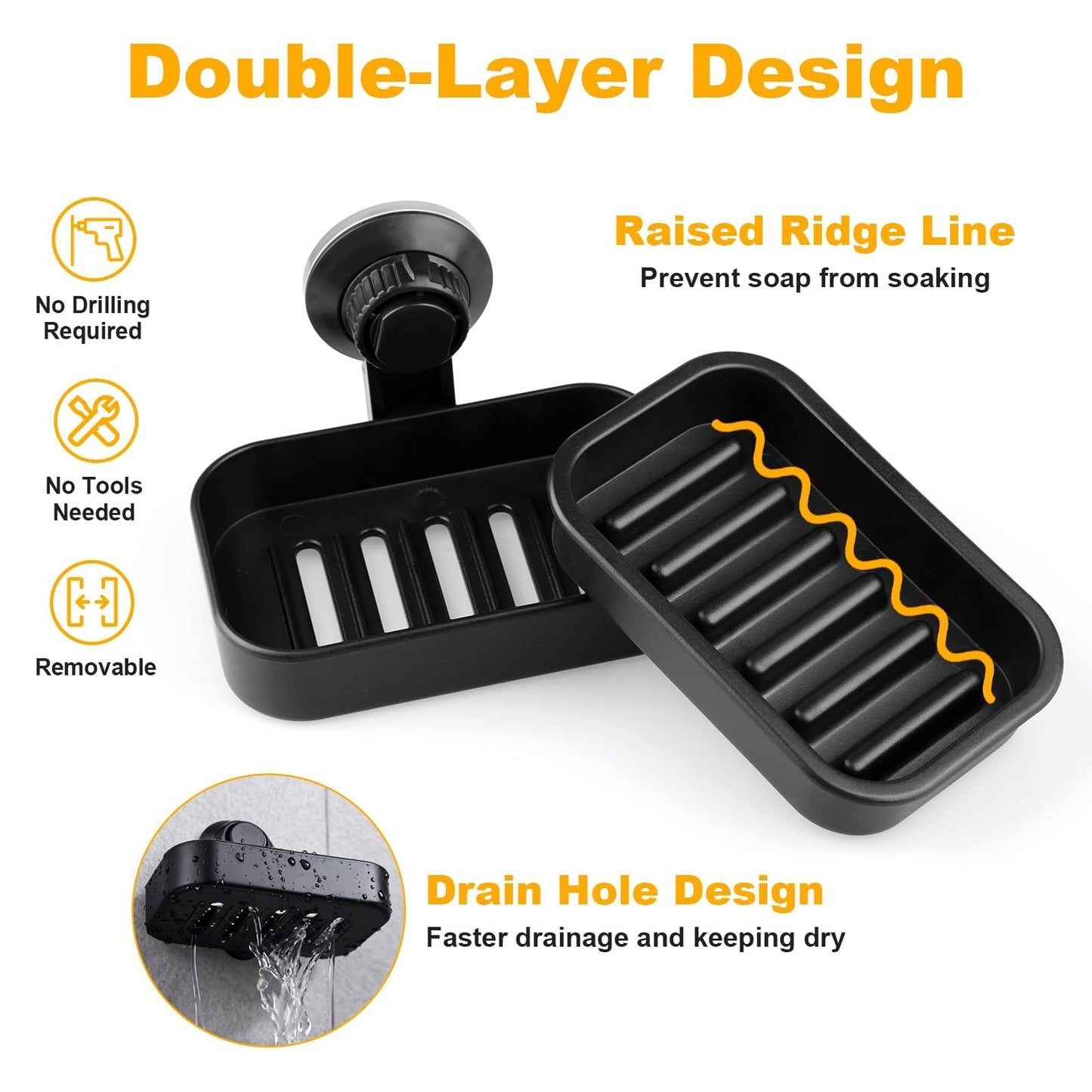 Soap Dish for Bathroom Suction Cup Soap Holder Max Hold 5KG, Black