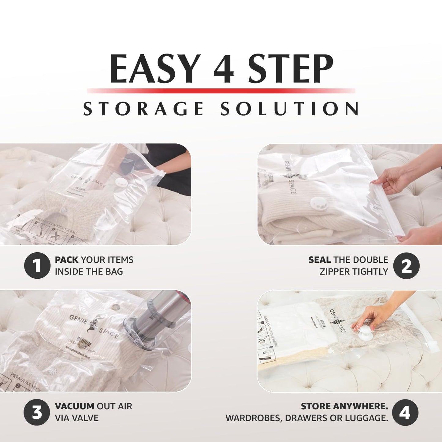 GENIE SPACE Premium Vacuum Storage Bags, Size L 2 Pack, 80x60 cm