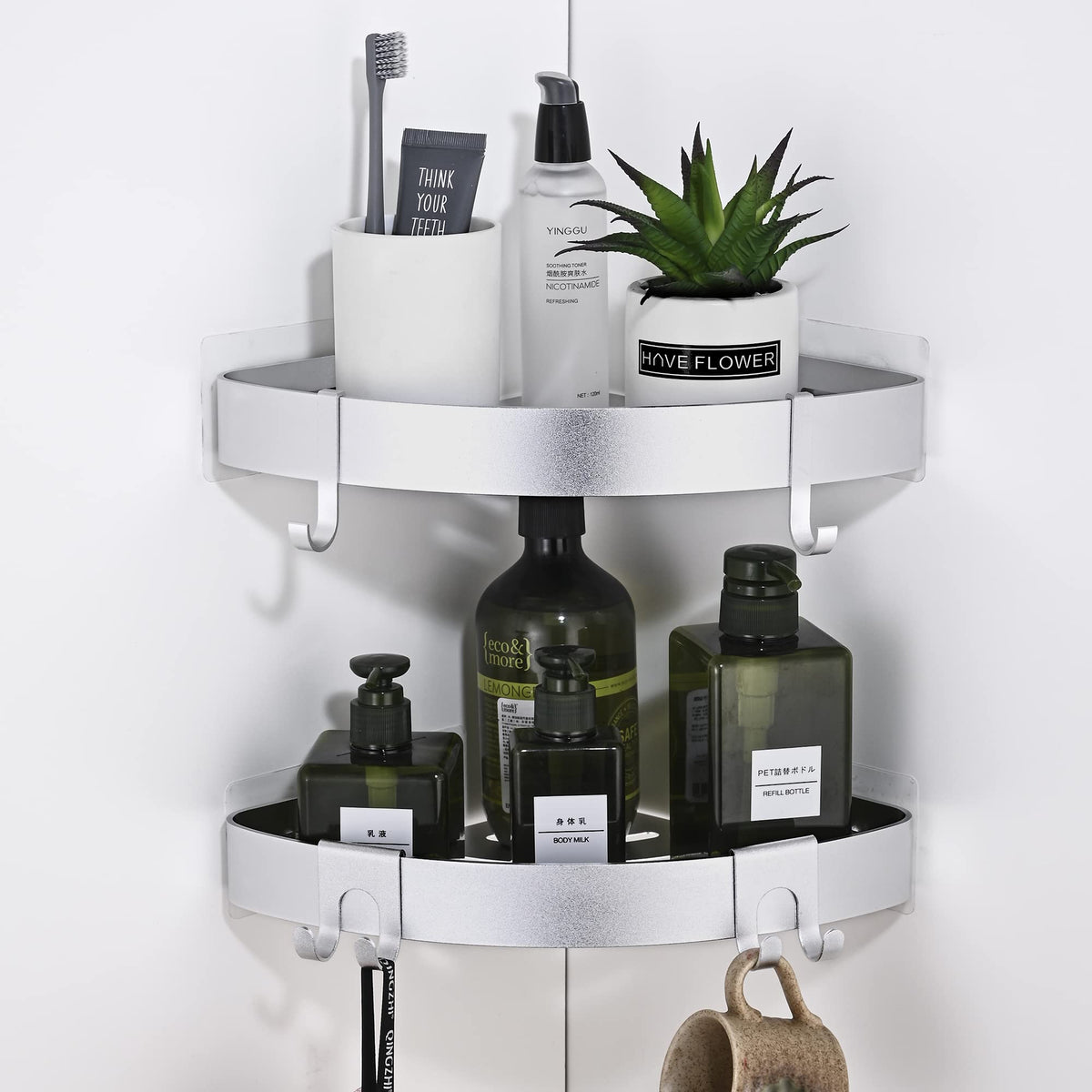 TRUSTLIFE Bathroom Storage Organizer Shower Corner Shelf No Drilling Wall Mounted Bathroom Shelf with Hooks, Space Aluminum Shower Storage for Wetroom