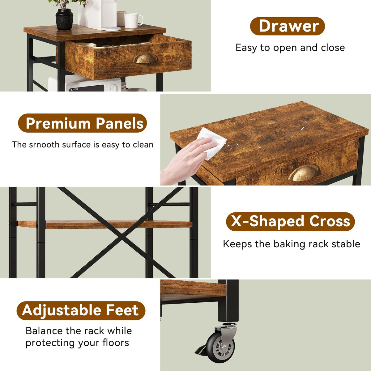 IBUYKE Kitchen Bakers Rack with Drawers,3-Tier Microwave Oven Stand with Storage, Coffee Bar Table with Wheels,Adjustable Shelf,Simple
