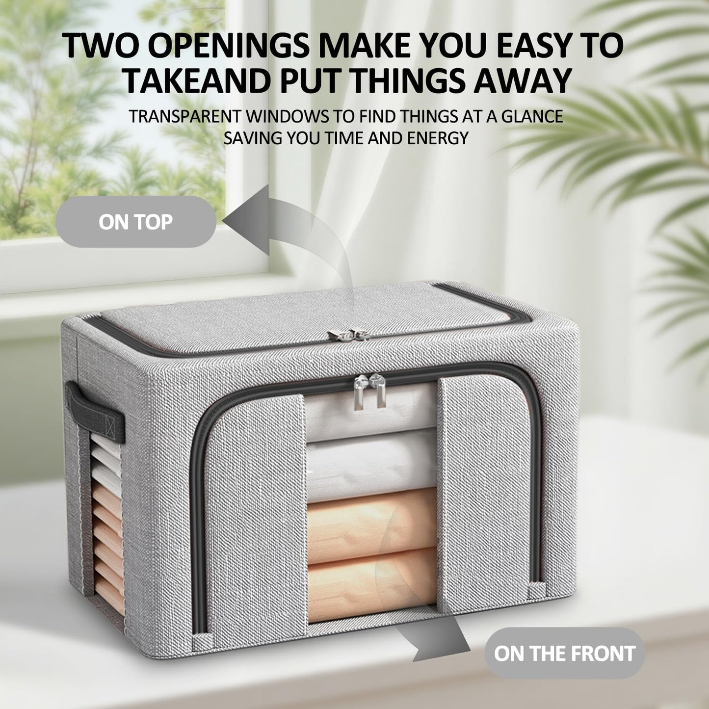 BOUDOI Storage Boxes Organiser,3 Pack Clothes Storage Boxes With Double Opening Zip Clear Window＆Steel Frame,Foldable＆Waterproof Wardrobe Fabric