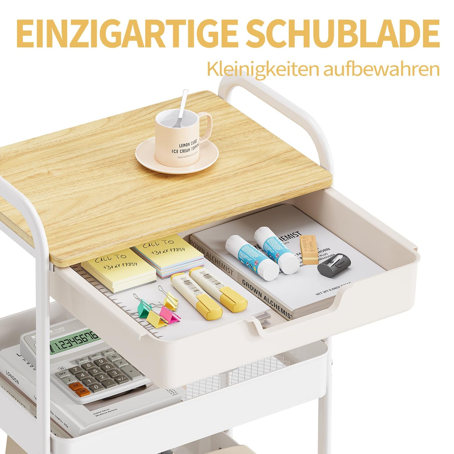 KINGRACK Rolling cart, 3-Tier Utility Storage Trolley with Wooden Board and Drawer (Natural)