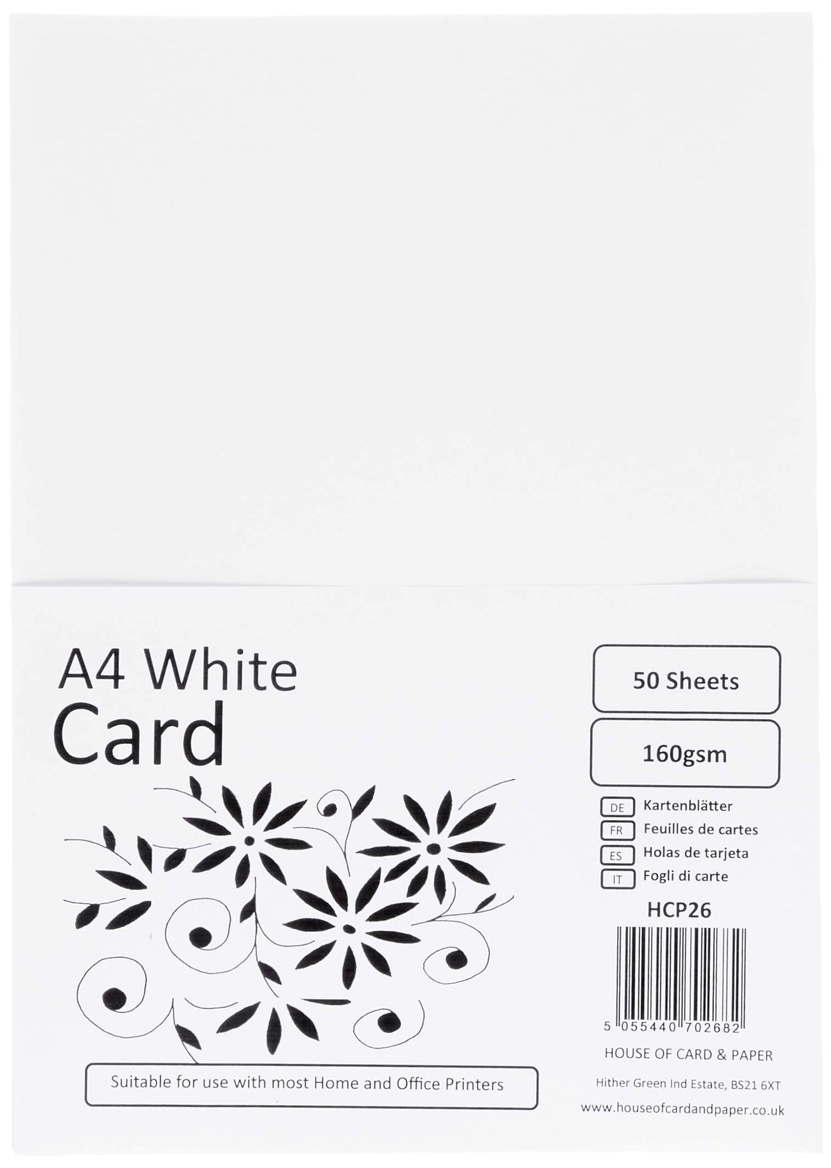 House of Card & Paper A4 160 gsm Card - White (Pack of 50 Sheets)