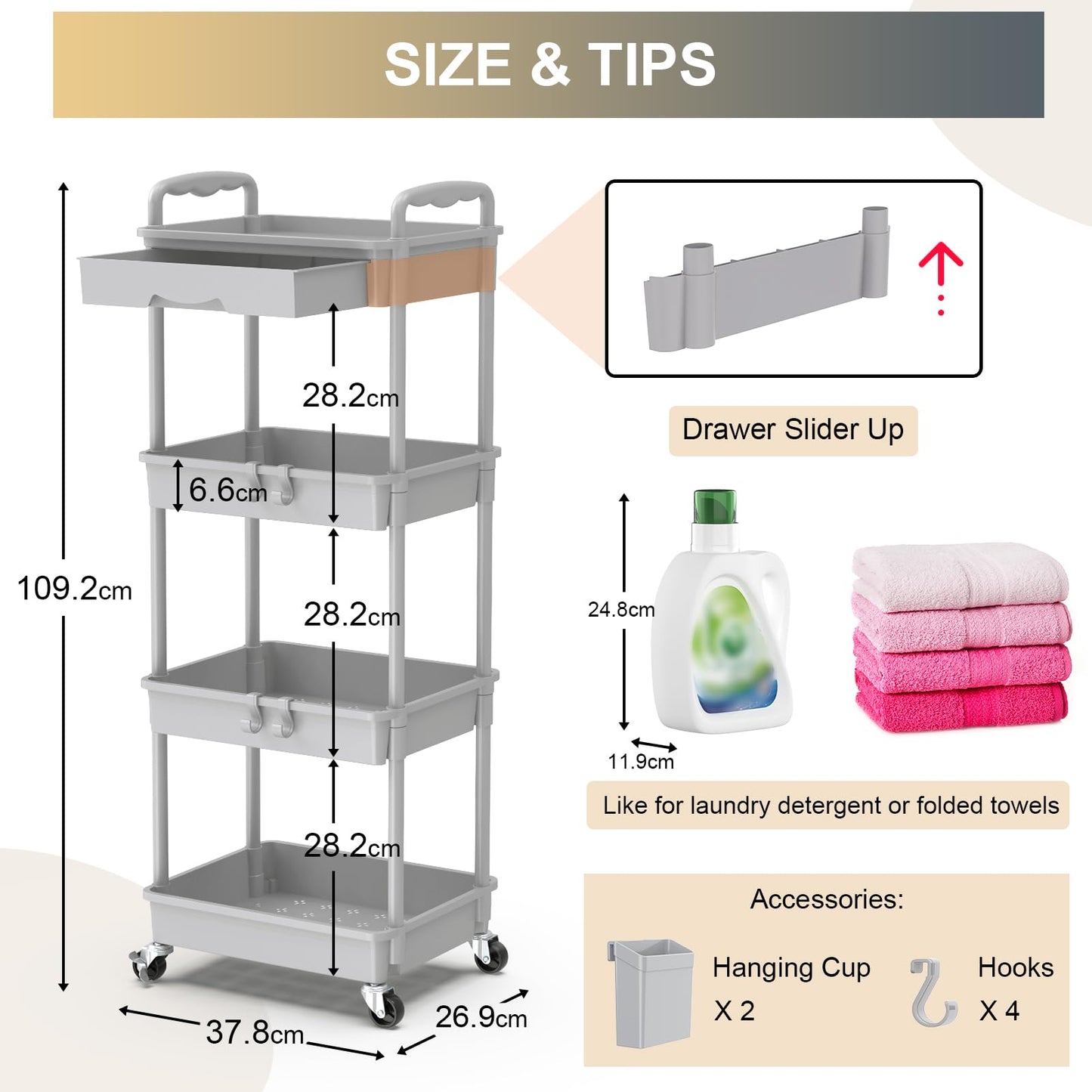 Yeabett 4 Tier Storage Trolley with Drawer, Utility Cart with Plastic Shelf & Lockable Wheels Multifunctional Storage Cart for Kitchen, Bathroom