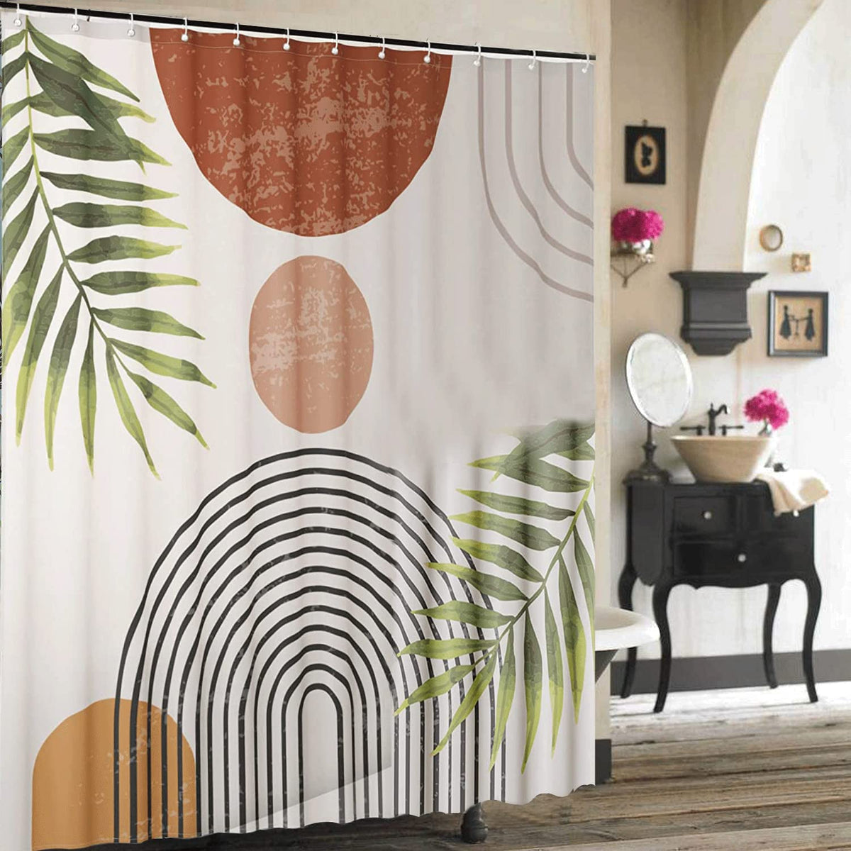 Inshere Retro Boho Shower Curtain for Bathroom with 12 Hooks, Modern Mid Century Abstract Shower Curtain Arch Sun Bohemian Style, Funny Curtain for