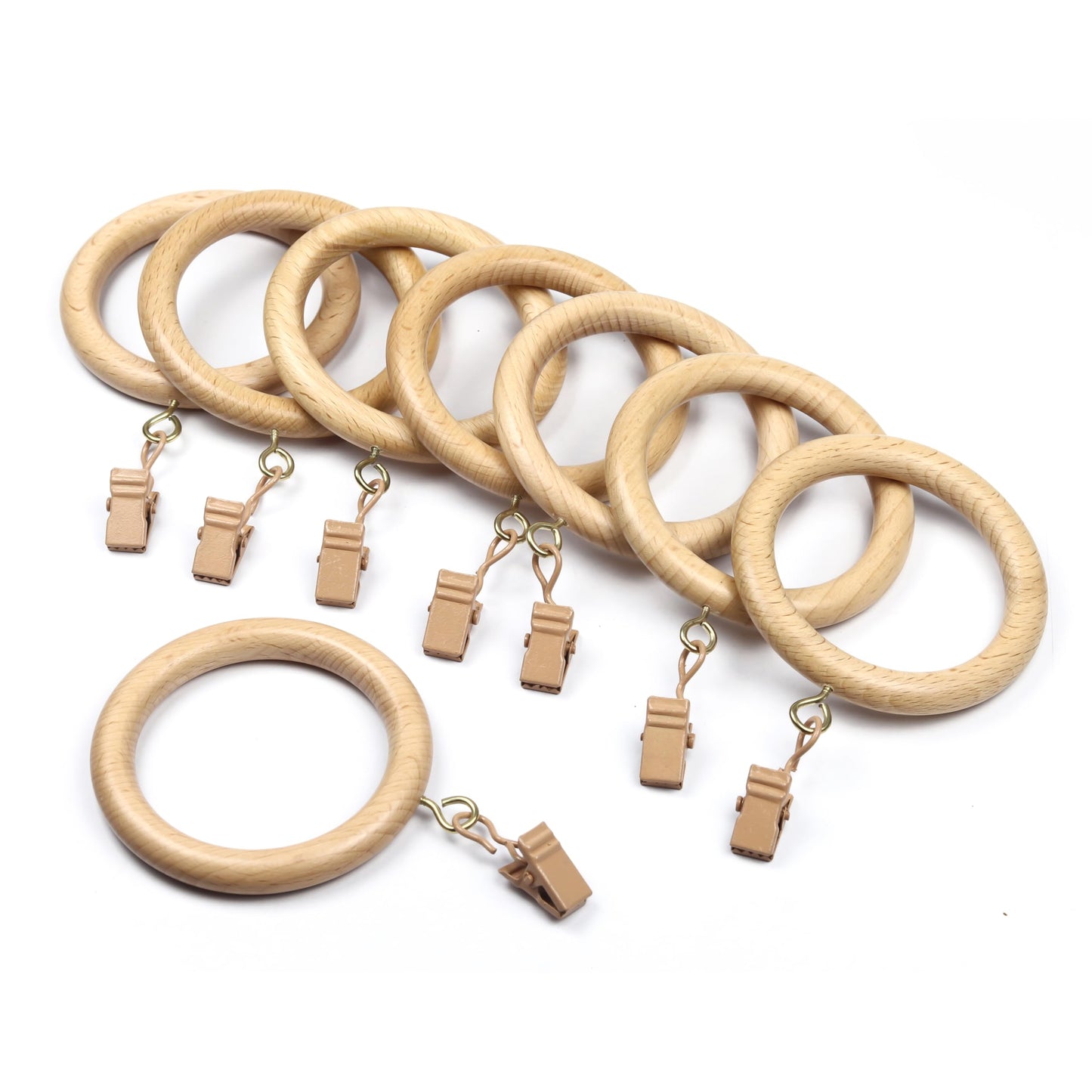 50 Pieces Beechwood Curtain Rings with Clips ? Fits 1.25 to 2 Inch Curtain Rods (2.2 Inch Inner Diameter)