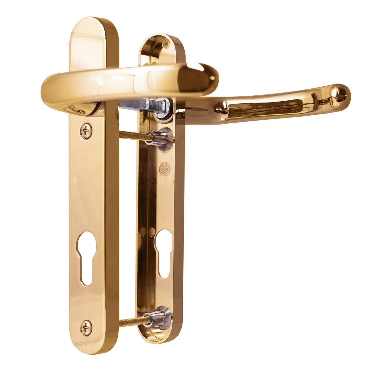 UPVC Door Handles Set - Polished Brass - Lever/Lever - 92mm PZ (Centres) - 122mm Screw to Screw - Backplate 212mm X 34mm - UPVC Door Handle - Polished