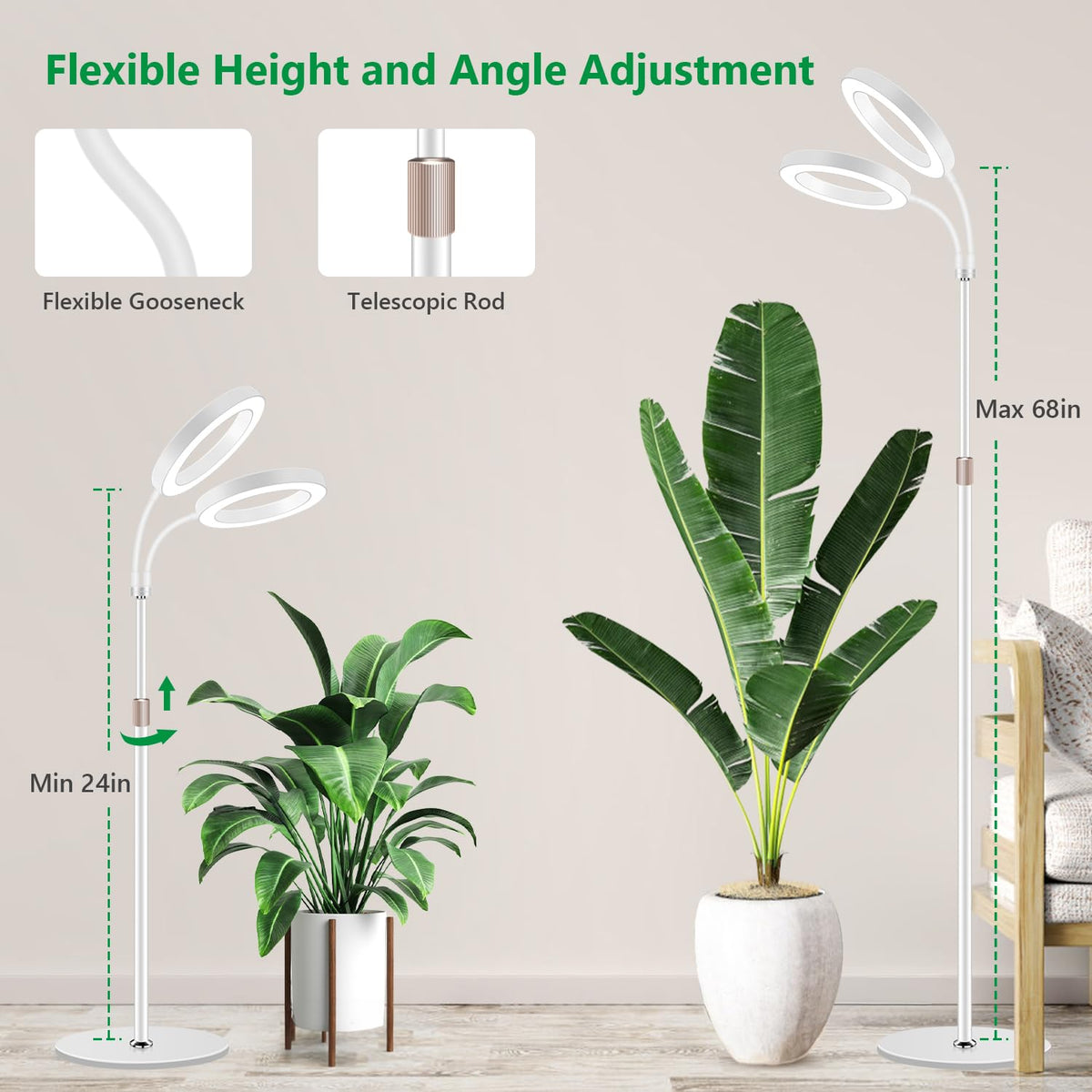 Aumtrly Grow Light - 2 Head White Full Spectrum Light With 68" Adjustable Stand for Large Tall Plants, 168 LED Floor Standing Lamp, 6/12/16H Timer, 5