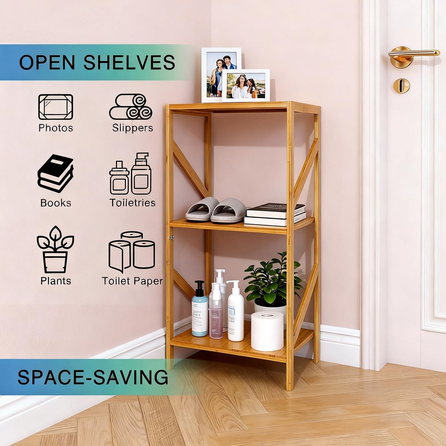 EIUTQRU Bamboo Bookshelf, 3 Tier Rustic Style Bookcase, Multifunctional Narrow Shelving Unit Storage Rack for Living Room, Garage, kitchen, Office