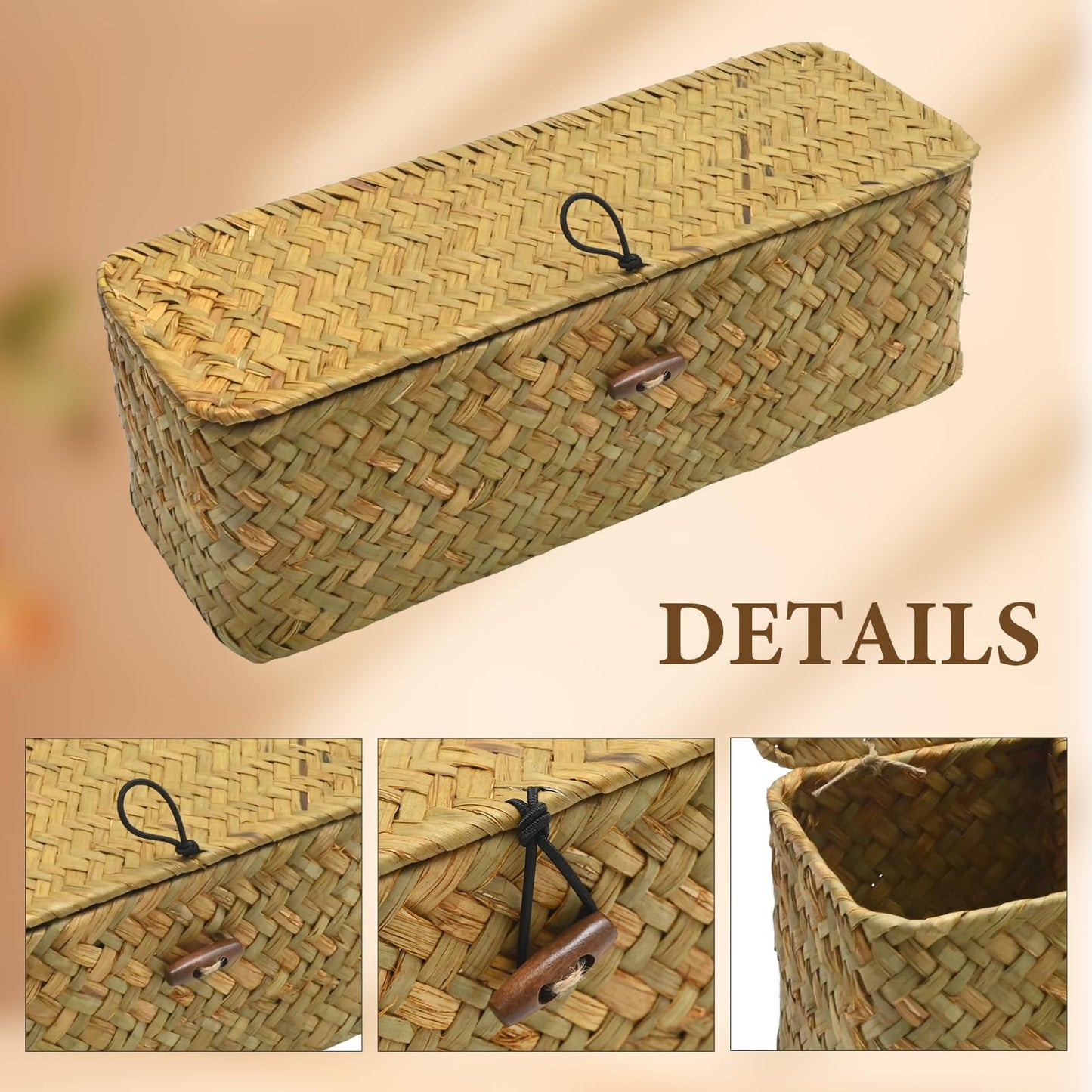 Ollanoos Seagrass Storage Basket with Lid, Rectangular Woven Organizer with 3 Compartments, Ideal for Snacks Toys and Bathroom Essentials