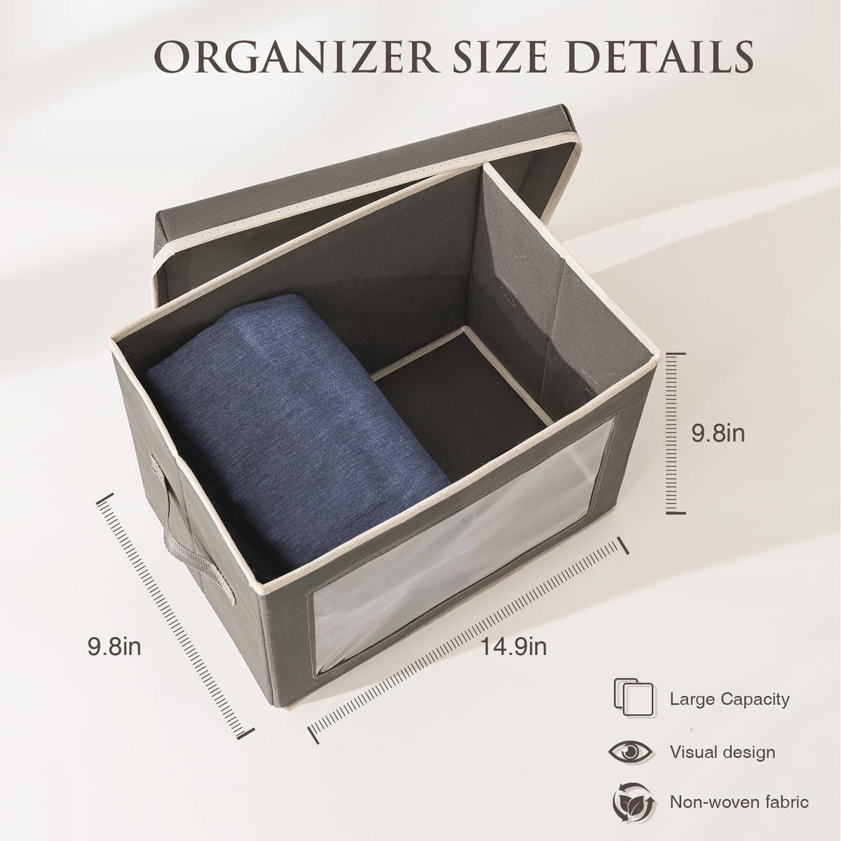 Homsorout Fabric Storage Boxes with Lids - 3 Pack Wardrobe Storage Organiser Bins with Transparent Window, Foldable Cube Storage Baskets for Toy