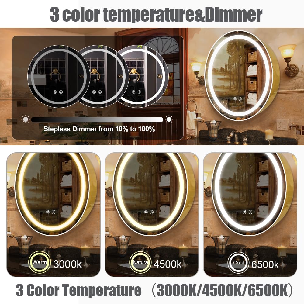 Janboe 61cm Round Mirror Cabinet with Lights,with Defogger,Dimmable,Anti-Fog,3 Colors,Gold