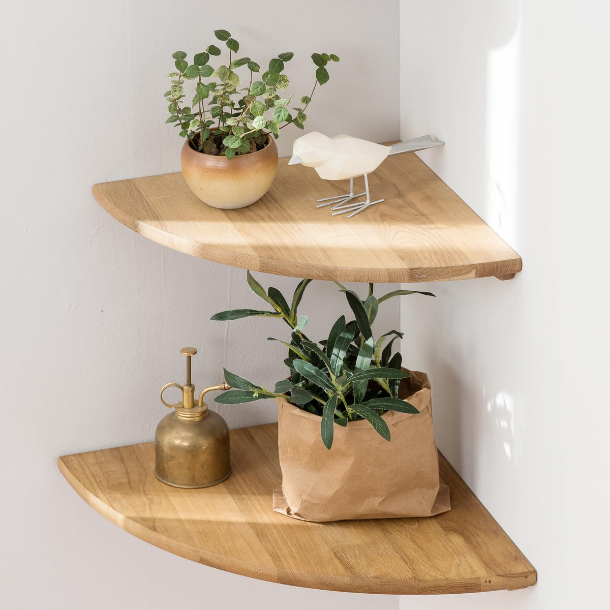 GIEANOO Corner Shelves, Solid Oak Wood Set of 2 12inch Floating Corner Shelves Wall Mount Round End Floating Speaker Shelf With Wire Hole Shelf for