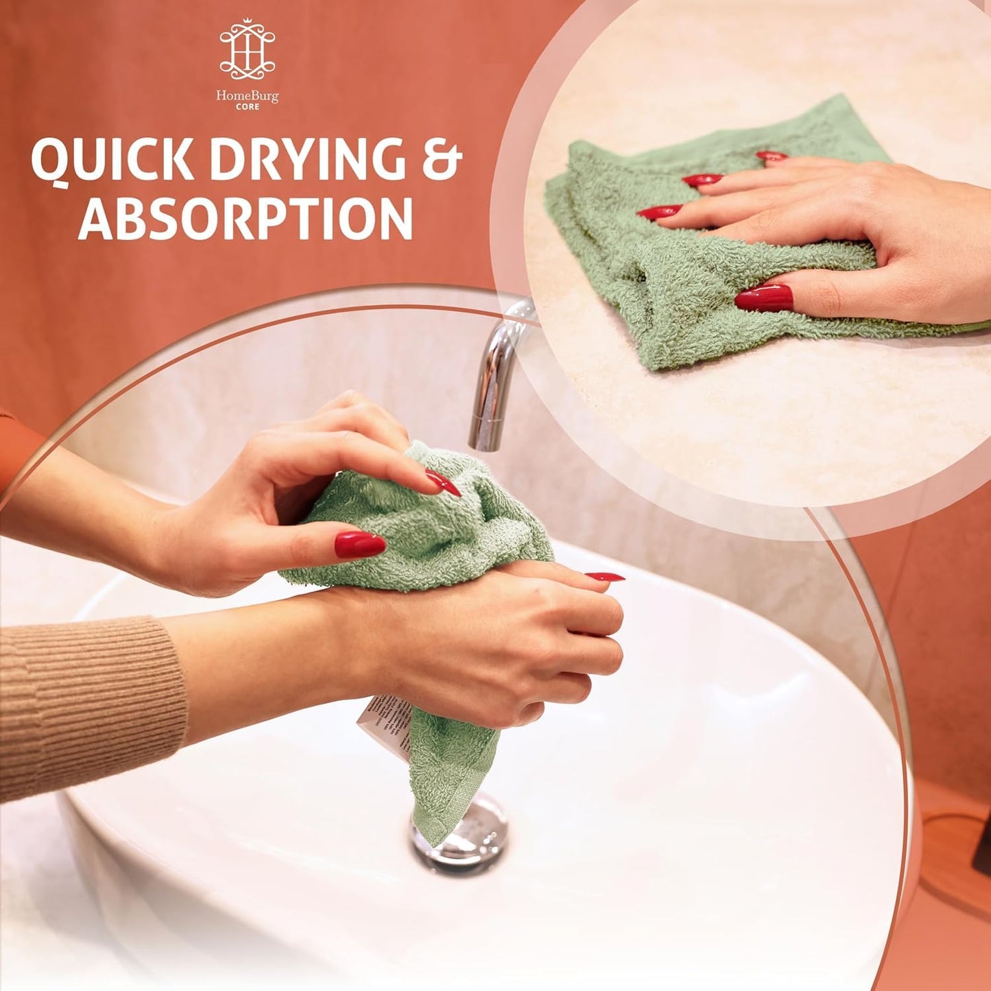 HomeBurg CORE 10-Piece Cotton Washcloths for Bathroom and Kitchen