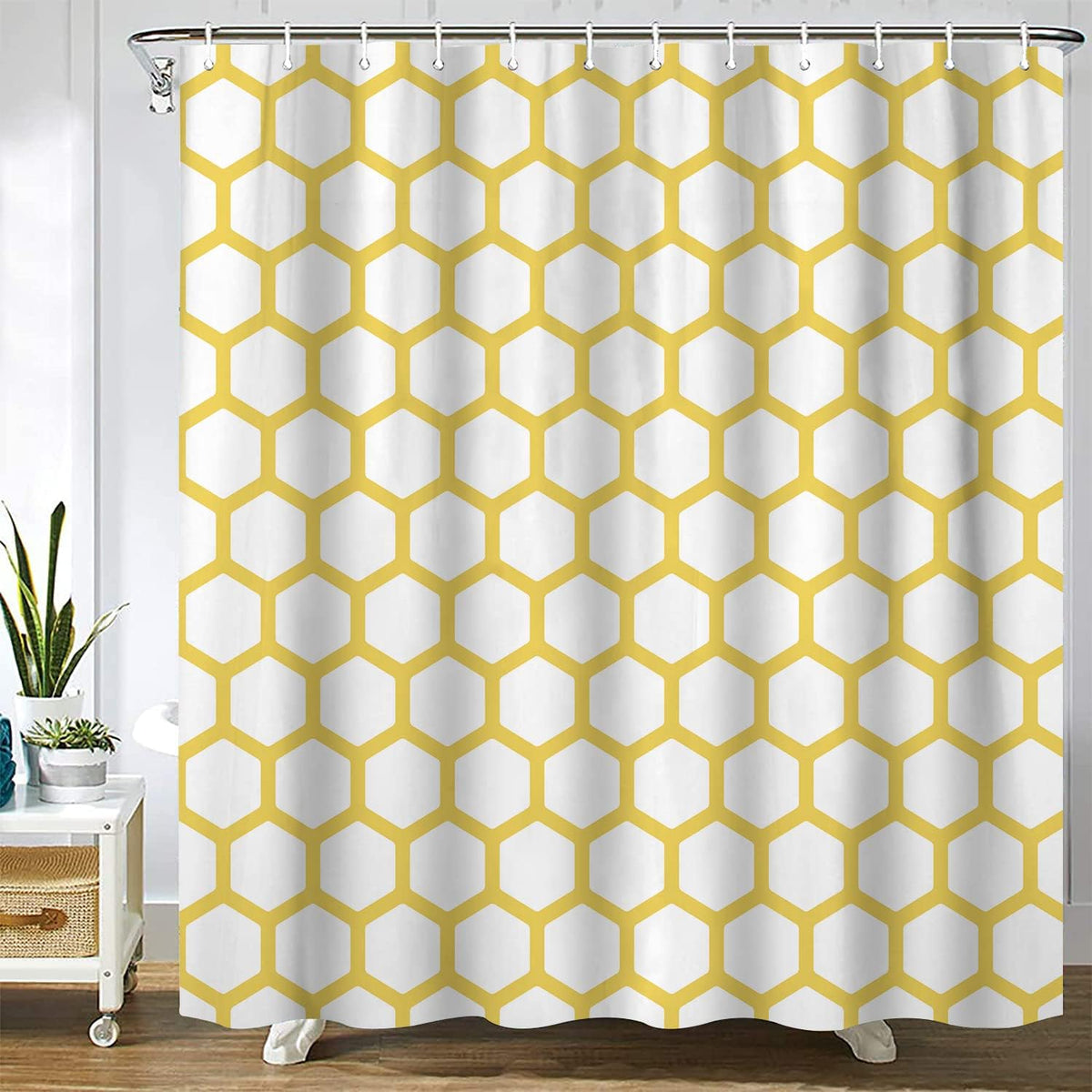 Gaakvrr Shower Curtain Yellow & White Hexagonal Pattern Geometric Waterproof Bathroom Curtain Set with 12 Hooks (180x180 cm)