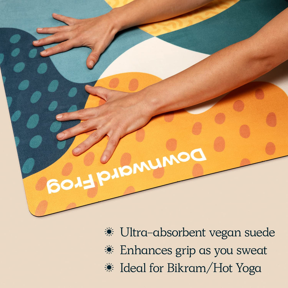 Downward Frog Printed Yoga Mat for Bikram, Hot Yoga, Fitness & Pilates - Light, Foldable, Travel Mat - Eco Natural Rubber, Vegan, Microfibre Towel