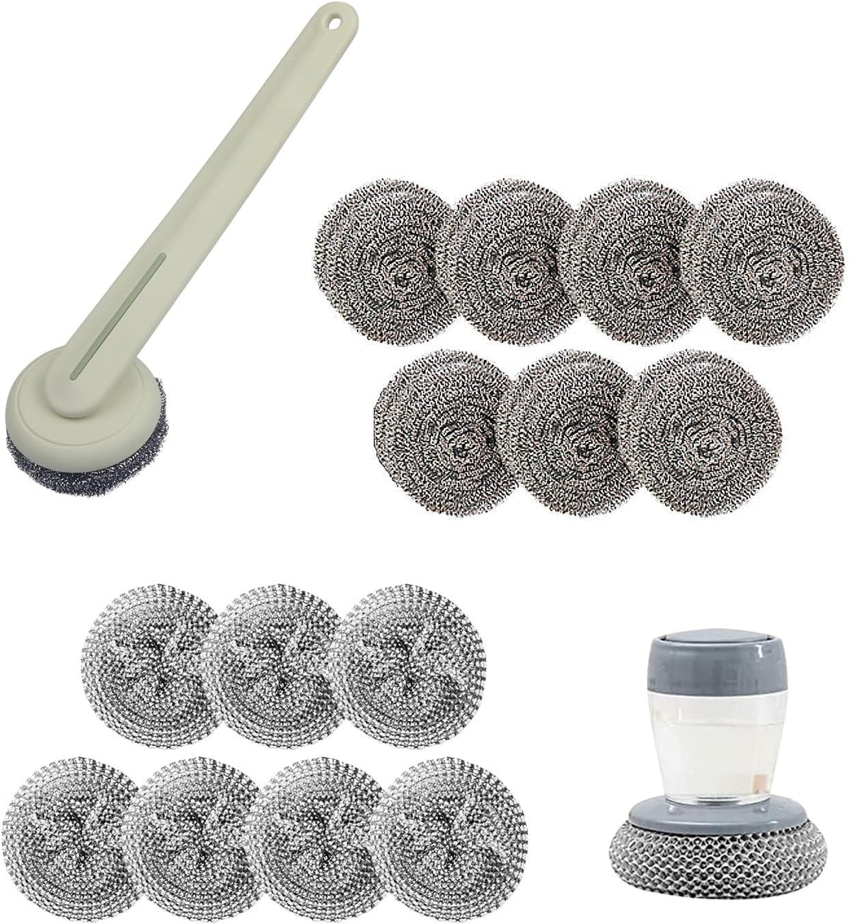 BFJ Stainless Steel Wool Brush Dish Scrubber with Handle Replacement Heads - Steel Scrubbing Scouring Pad Set of 16, Kitchen Cleaning Metal Dish