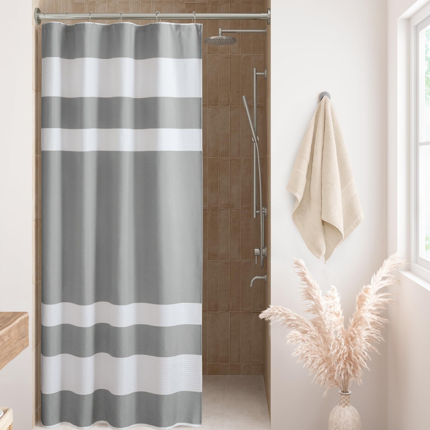 Madison Park Shower Curtain Waffle Weave Striped Pieced Design Fabric Shower Curtain with 3M Scotchgard Moisture Management Premium Spa Quality Modern