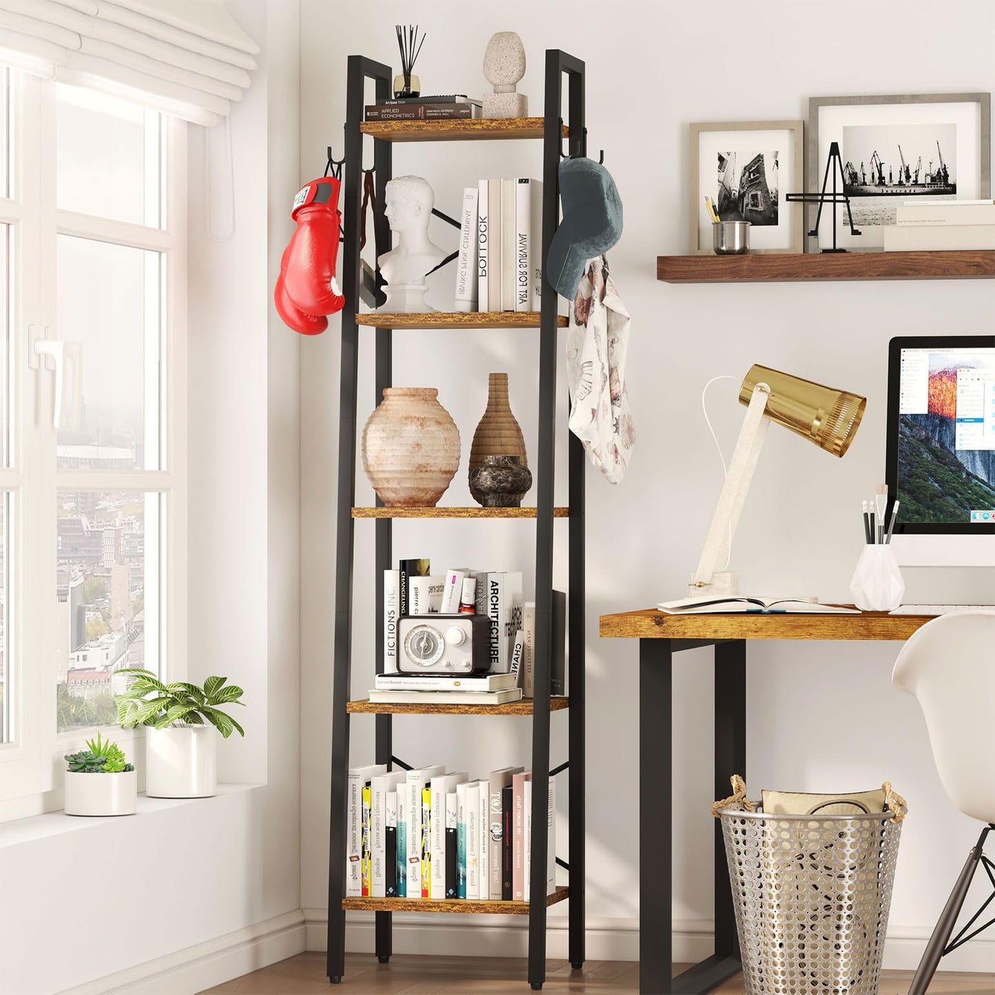 YMYNY 5 Tier Ladder Bookshelf, Height 160CM Bookcase, Freestanding Storage Organiser Shelves, Shelving Unit for Living Room Bedroom, Kitchen, Plant