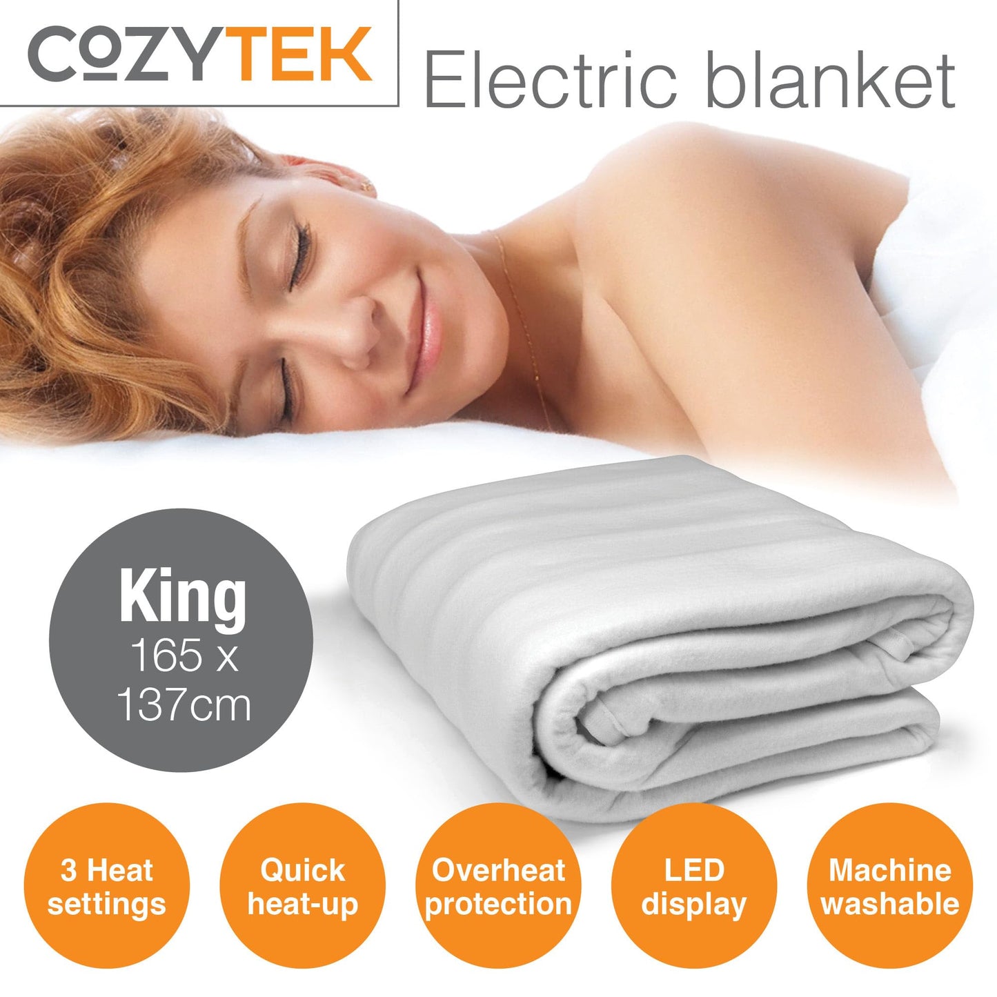 Cozytek Electric Blanket King Size 165 x 137cm, Soft Polyester Electric Blanket Fitted Underblanket Mattress Cover, 3x Heat Settings, 1x Controller