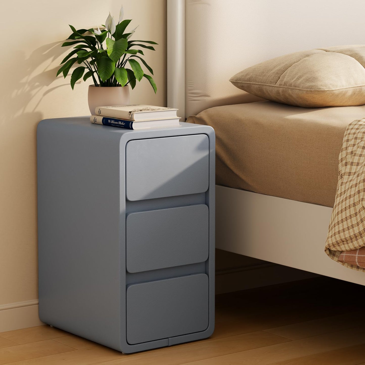 AQIMUELE Small Bedside Table, Slim Bedside Table with 3 Drawers, Assembled Narrow Side End Table with Leather Surface for Bedroom, 30cm, Dark Gray