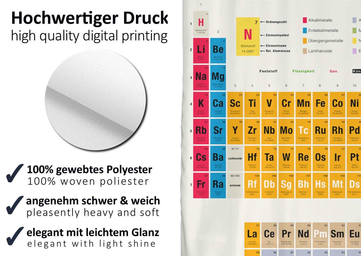 arteneur® - Periodic Table German Shower Curtain - Anti-Mould Shower Curtains 120 x 200 cm with Oeko-Tex Standard 100 - Weighted Hem, Waterproof