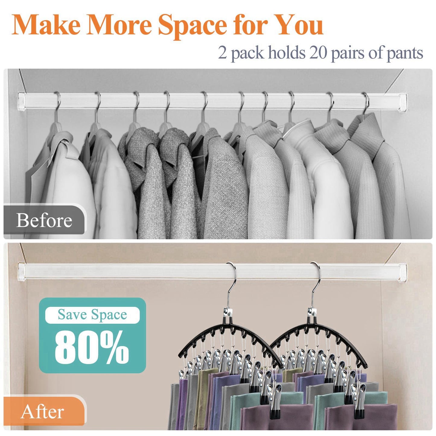 HONZUEN Trouser Hangers with Clips, 2 Pack Space Saving Hangers