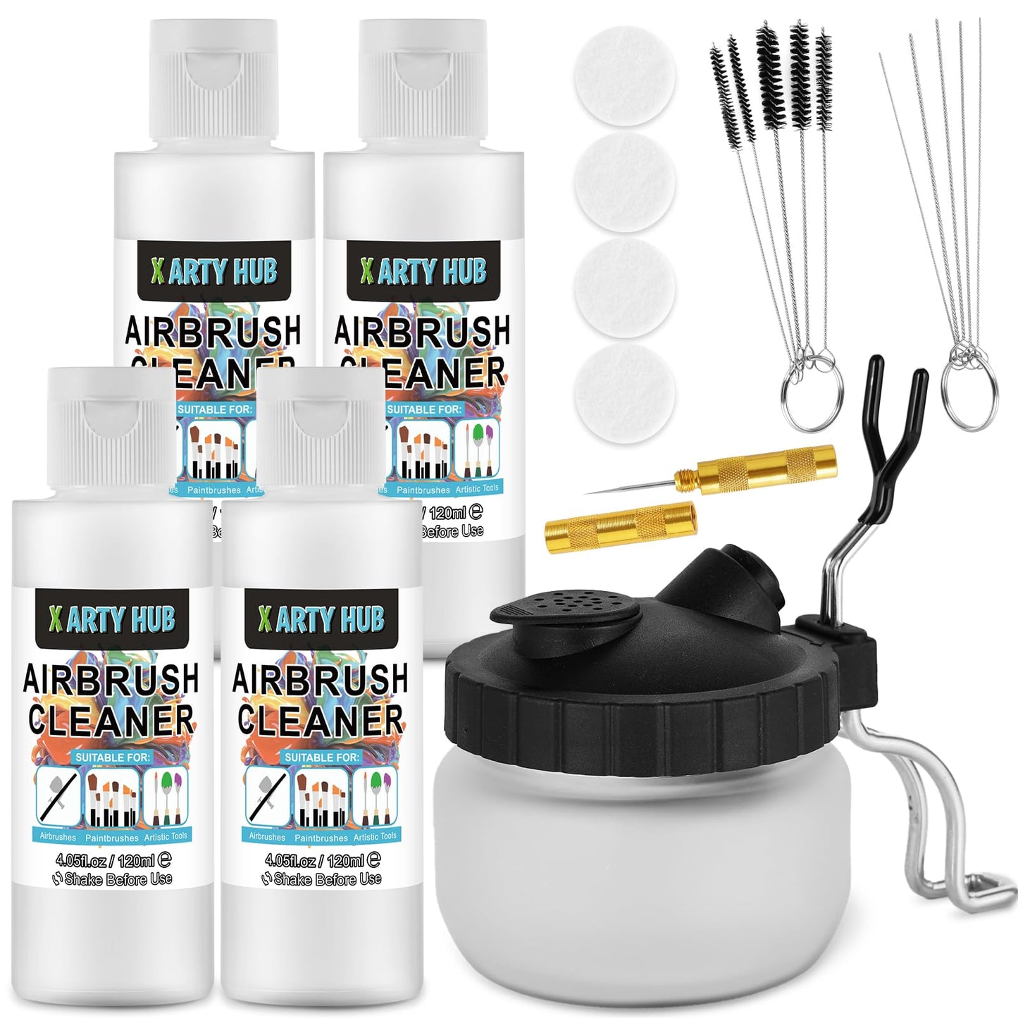 X ARTY HUB Airbrush Cleaning Kit - 4 * 120 ml Airbrush Cleaner with Glass Cleaning Pot, Brushes and Needles Set for Removing Clogged Water-Based