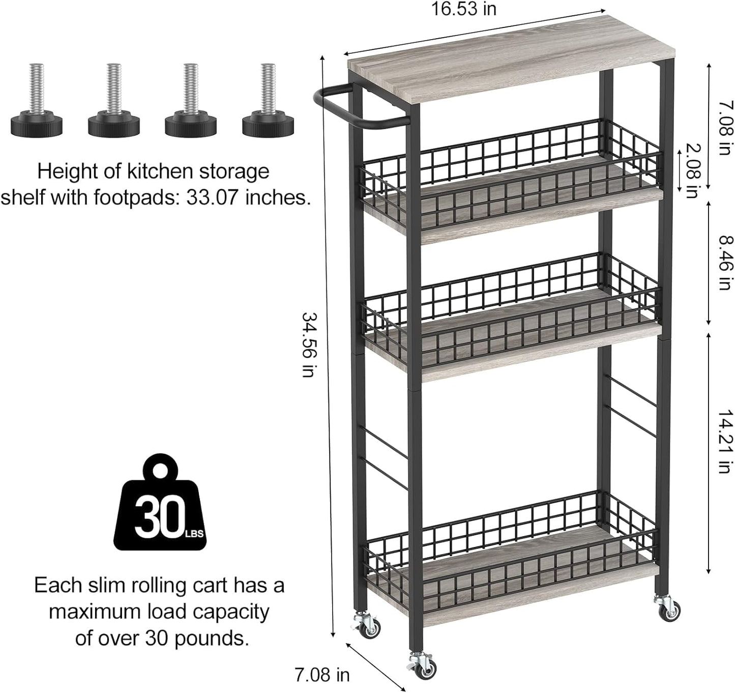 CADUKE 4 Tier Slim Storage Trolley, Narrow Kitchen Trolley on Wheels, Utility Rolling Cart with Wooden Table Mobile Shelf Unit Bathroom Storage
