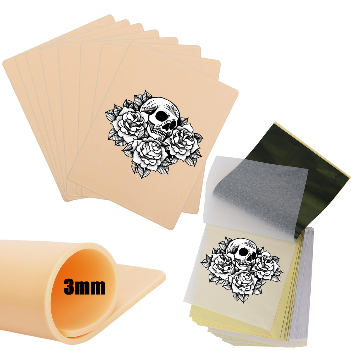 3mm Practice Skin With Transfer Paper, 18 Pcs Kit Including 8 Double Sided Fake Skin and 10 Stencil Paper for Tattoo Supplies