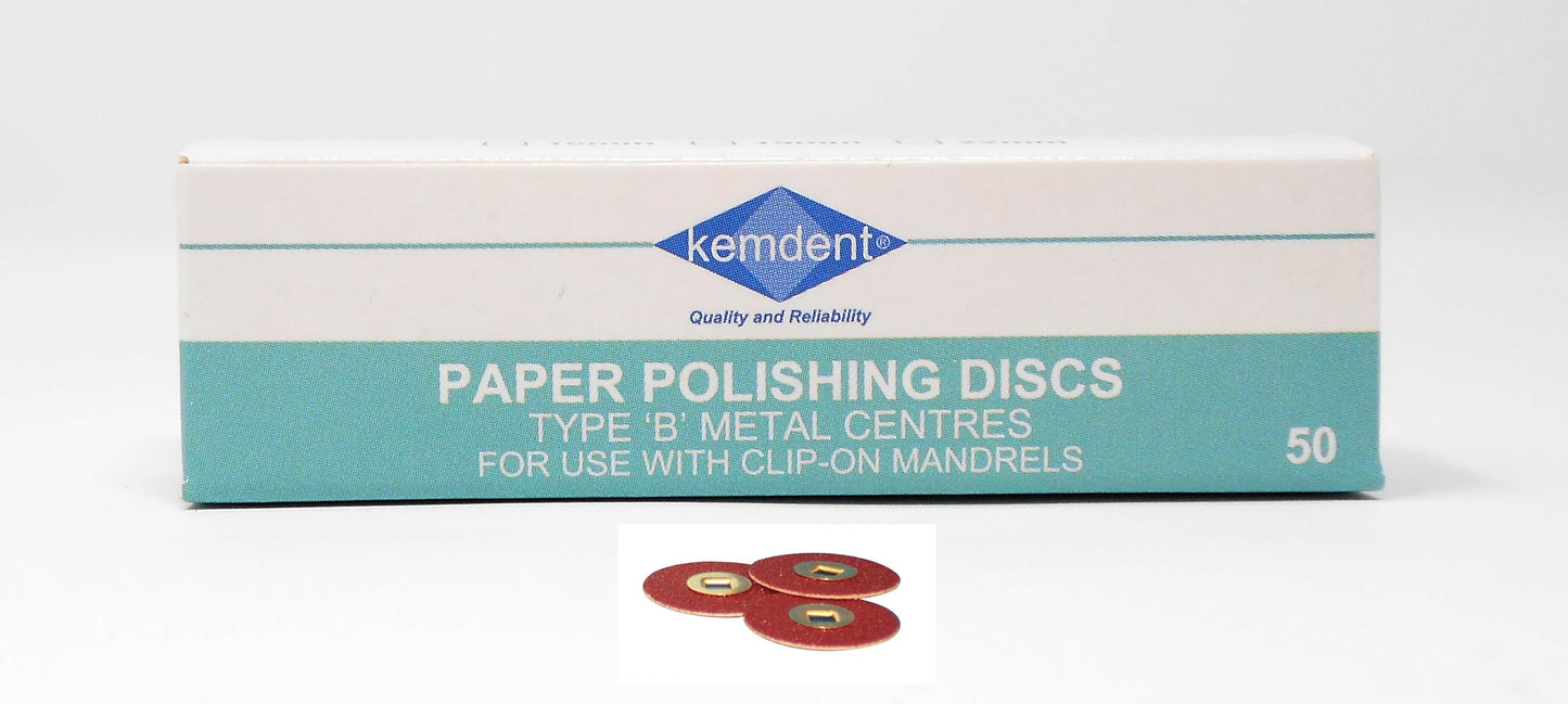 Kemdent Paper Discs B Metal Centre Coarse 19mm(3/4) 50/box, for use with a clip on Mandrel. Provide a convenient, disposable supplement to burrs for