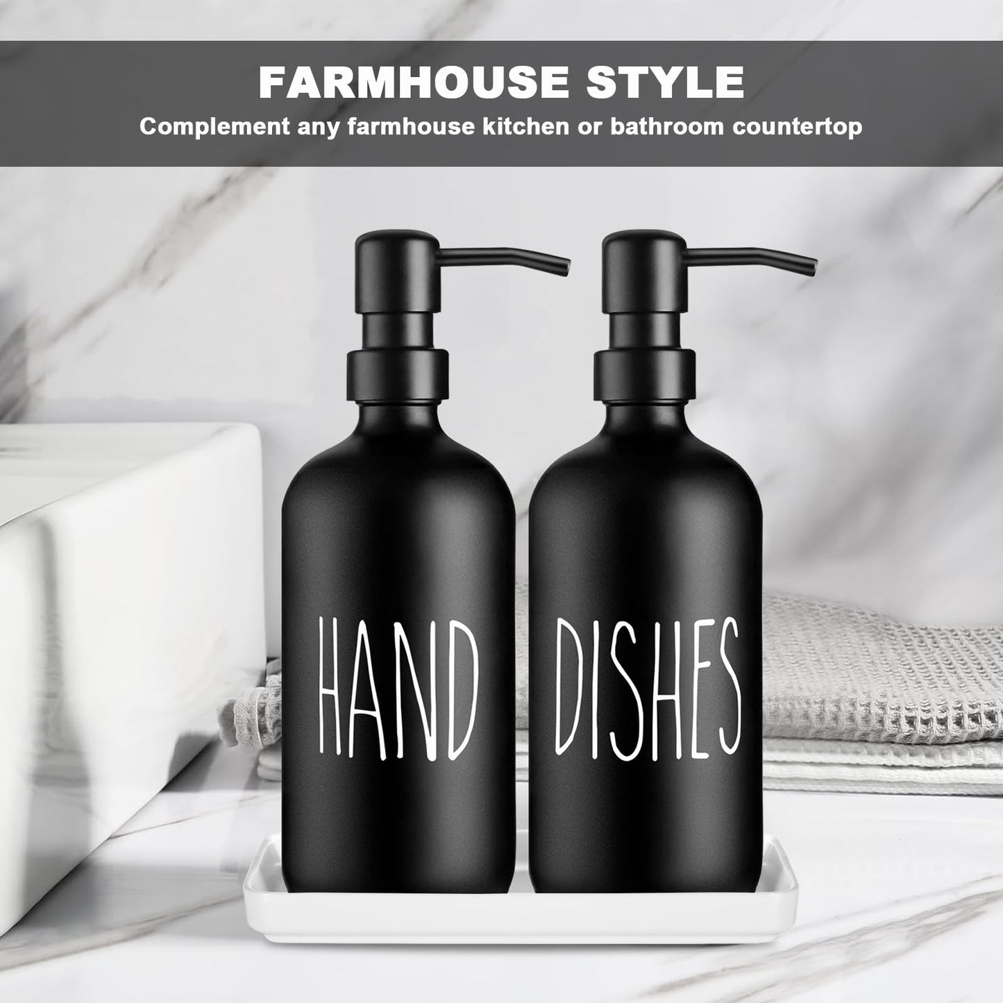 Glass Soap Dispenser Set: Premium 2 Pack Dispenser Bottles with Ceramic Tray 500ML/17oz Farmhouse Soap Lotion Pump Dispensers Refillable Hand Soap