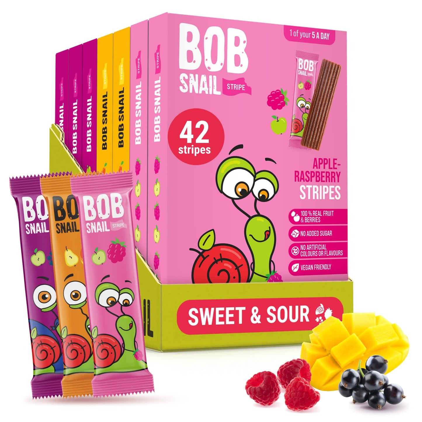 Bob Snail Fruit Leather Stripes ? Mix Flavors Raspberry, Blackcurrant, Mango ? Sugar Free, Vegan, Natural Healthy Fruit Snacks for Adults and Kids,