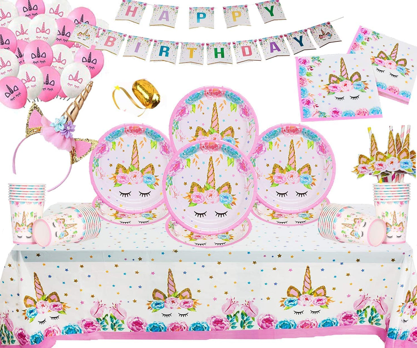 Unicorn Party Birthday Decoration Set Unicorn Paper Plates Cups Napkins Tablecover Birthday Banner Paper Straws-Serves 16 Guests