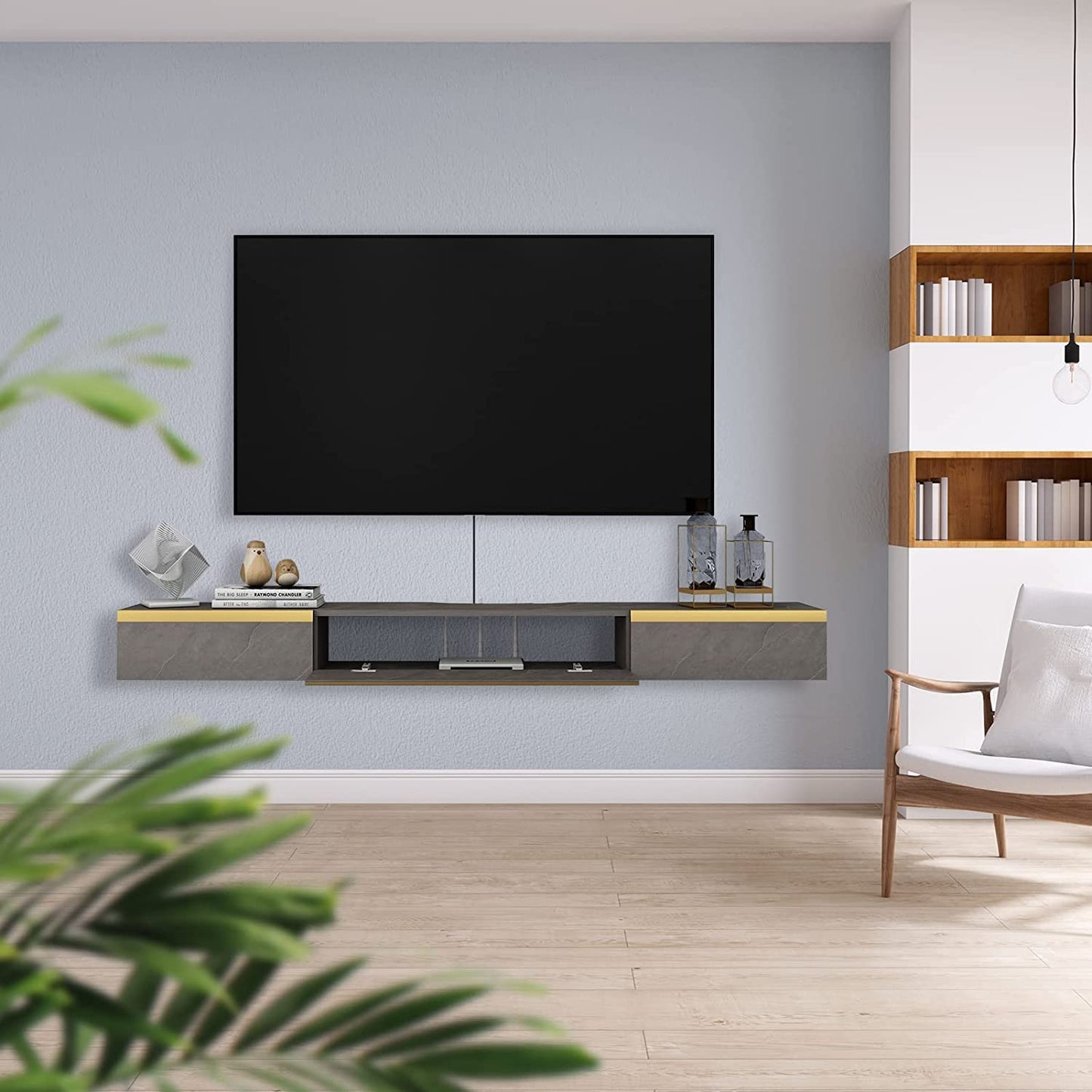Pmnianhua Floating TV Unit, 59'' Wall Mounted TV Cabinet, Floating Shelves with 2 Drawers and 1 Door