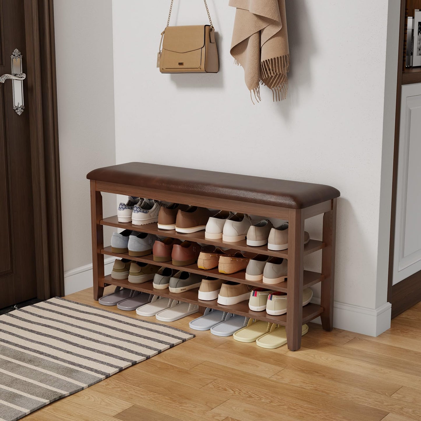 AQIMUELE Shoe Bench, Shoe Bench Storage with Seat, Wooden Shoe Rack 3-Tier, for Hallway, Entryway, Living Room, Bedroom, 100cm (Walnut)