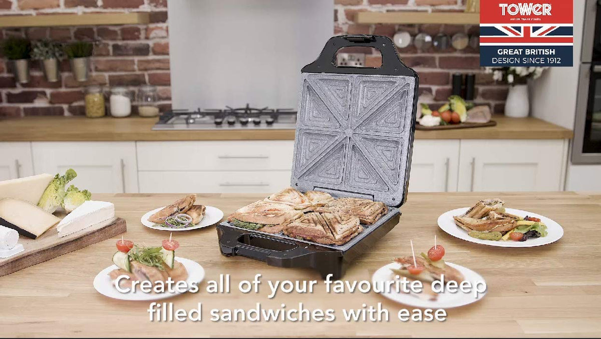 Tower T27021 4 Slice Deep Fill Sandwich Maker with Extra-Deep, Non-Stick Ceramic Coated Plates, Automatic Temperature Control, 1600W, Black