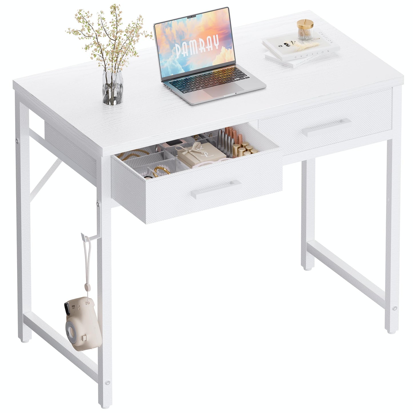 PAMRAY 80cm Small Computer Desk with 2 Drawers for Bedroom Study Writing Home Office Table for Small Spaces White