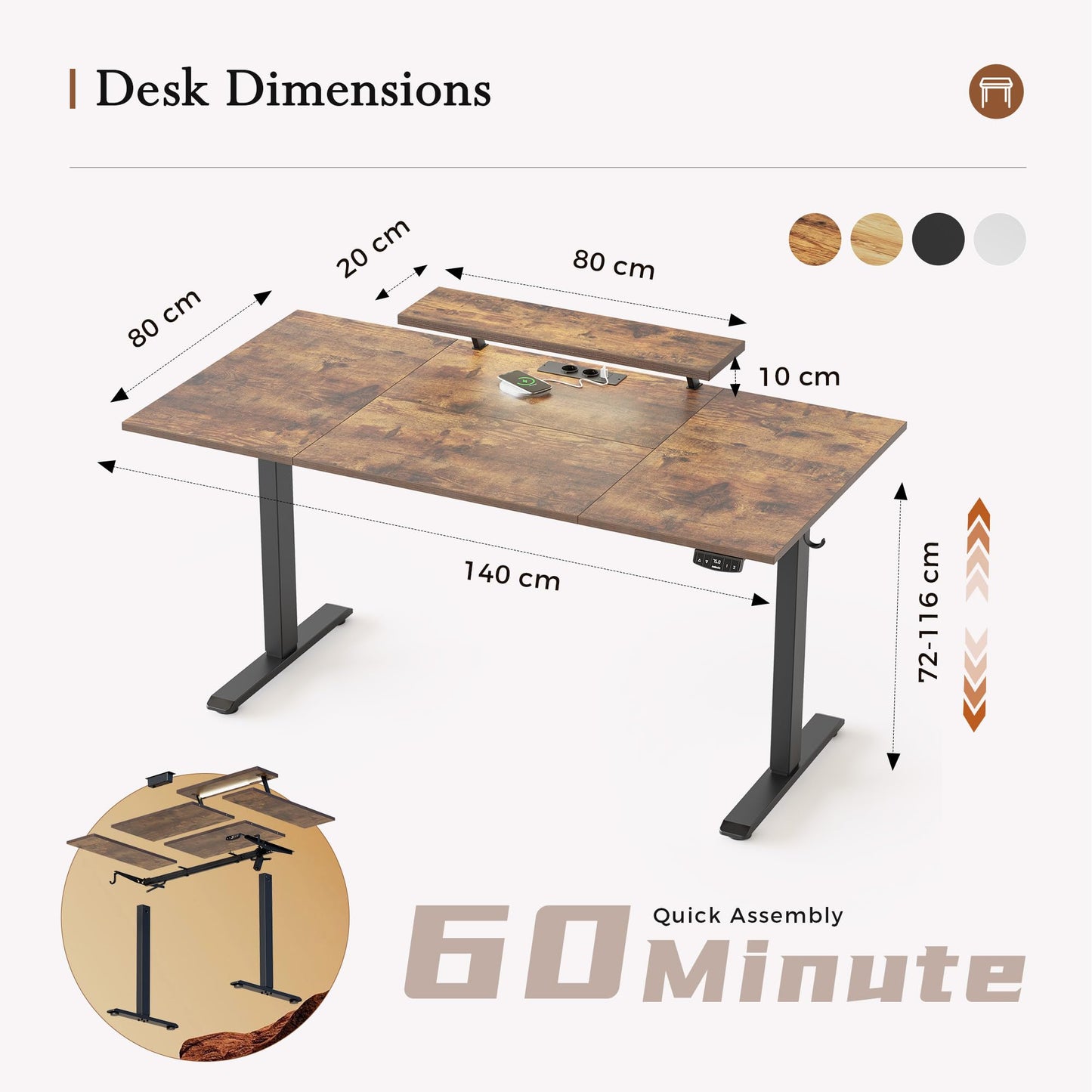 Klicelor Electric Standing Desk, Led & Plug, Movable Monitorstand, 160x80