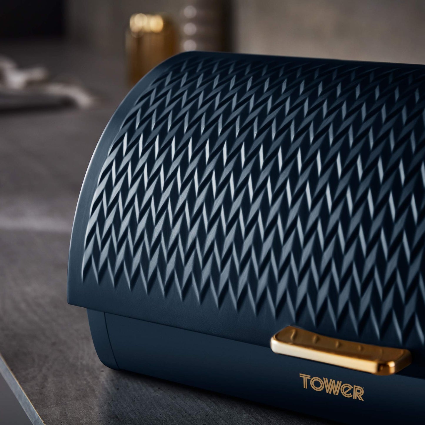 Tower T826090MNB Empire Roll Top Bread Bin, Stainless Steel, Midnight Blue and Brass