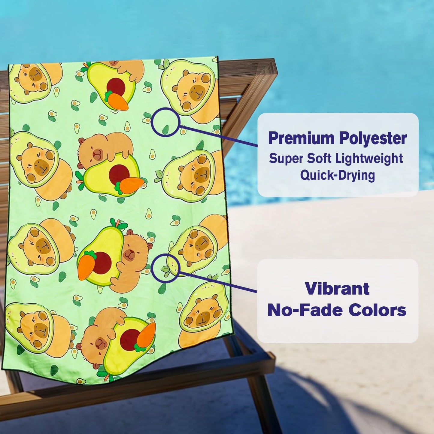 Violetpos Capybara & Avocado Beach Towel, Extra Large 180x90 cm 250GSM Microfibre, Sand Free Quick Dry