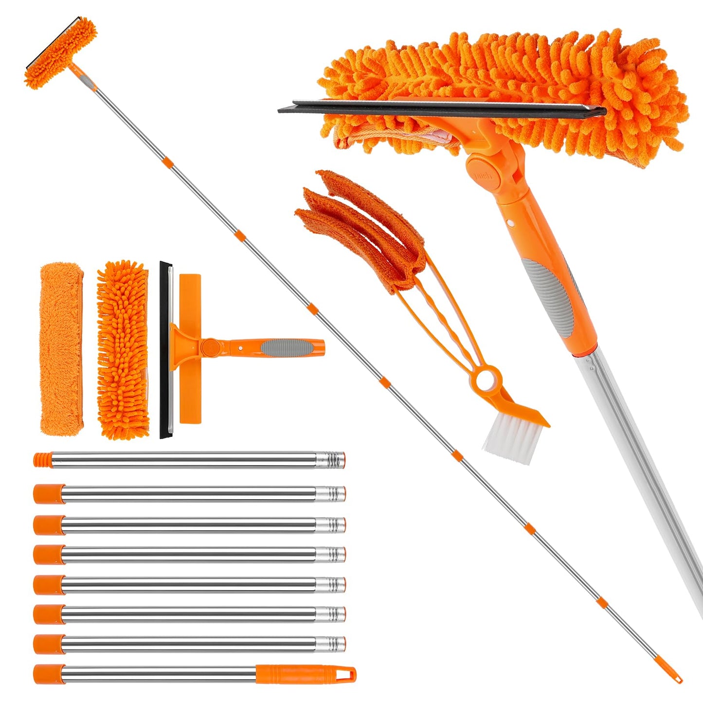 10.5Ft(3.2m?Window Cleaning Equipment, Window Squeegee Cleaner Kit with Extension Pole, Venetian Blind Brush and 3Pcs Microfiber Scrubber Washing Kit