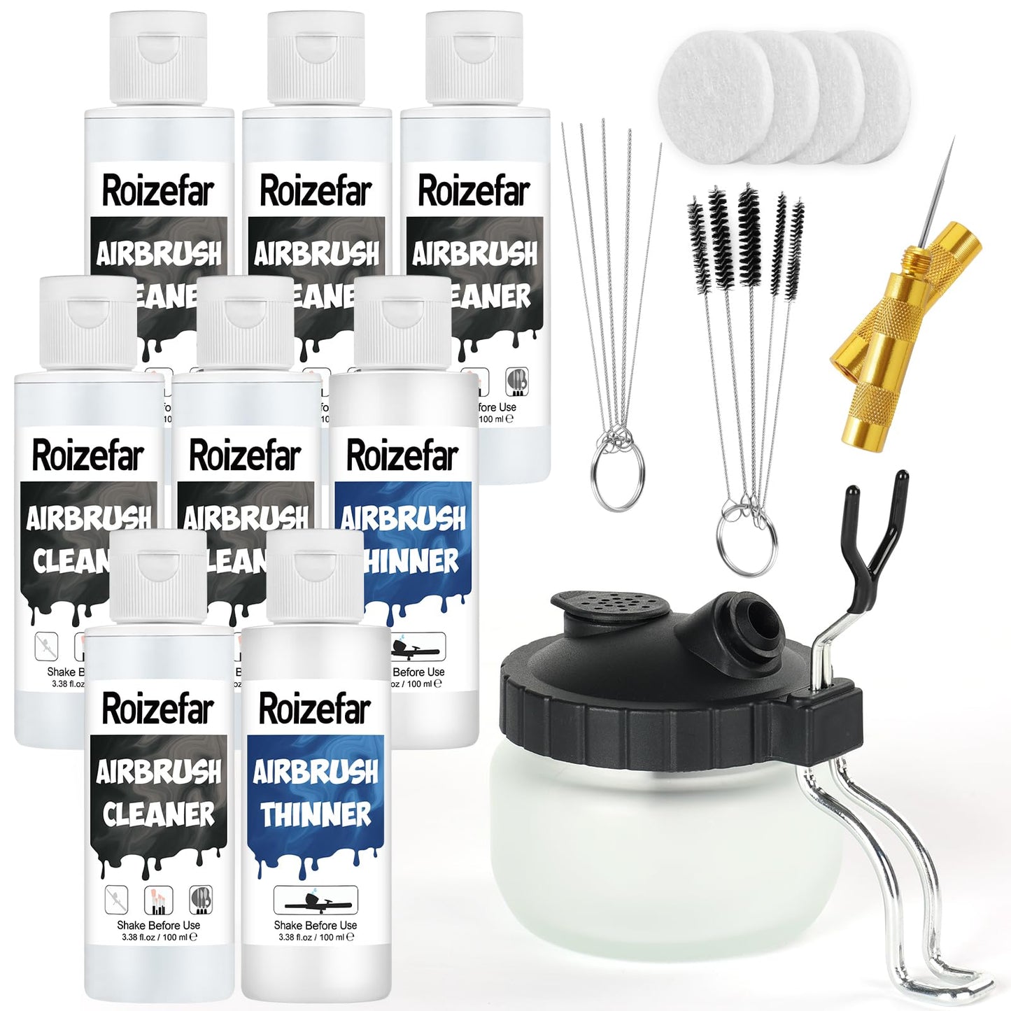 Roizefar Airbrush Cleaning Kit, Airbrush Cleaning Pot with 6 Airbrush Cleaner and 2 Thinner (Each 100 ml) Easily Works with Water-Based and Acrylic