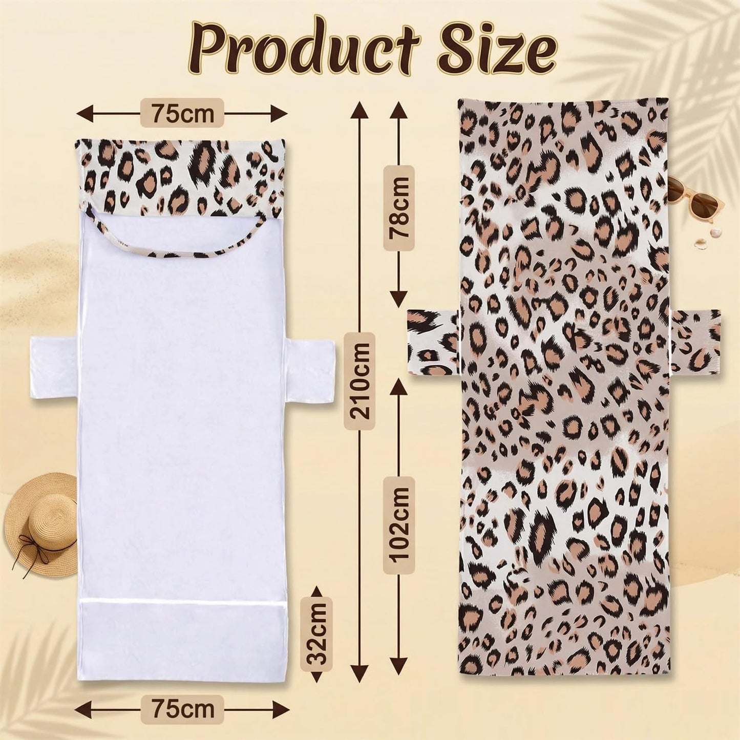 Surwin Sun Lounger Towel with Pockets, Leopard Print Beach Towel Chair Cover Sunbed Towels Lounger Bag for Summer Holiday Outdoor Garden Pool