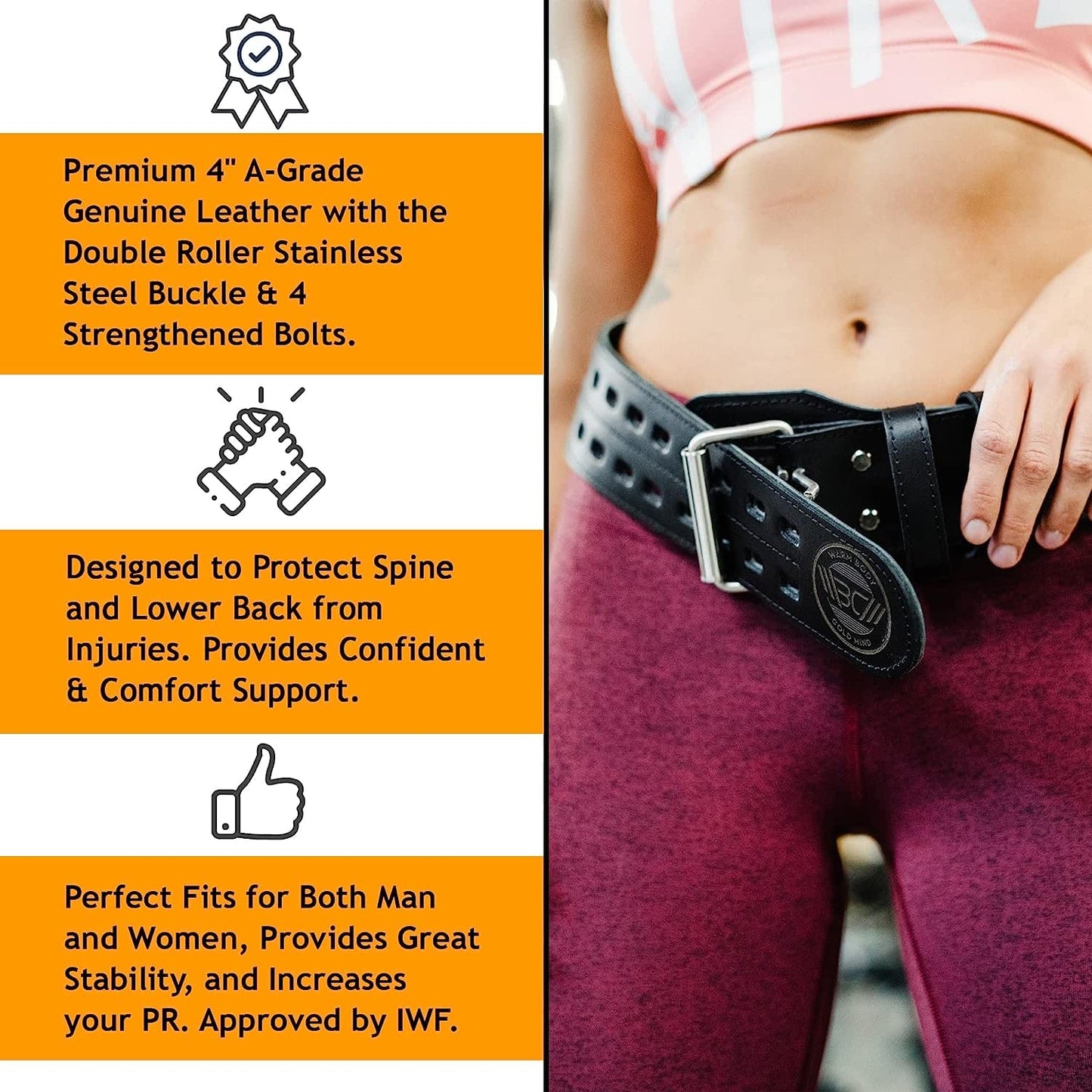 WARM BODY COLD MIND Weight Lifting Belt 4" - 100% Leather, Approved for Olympic Weightlifting, Waist/Back Support for Men Women, Powerlifting Gym