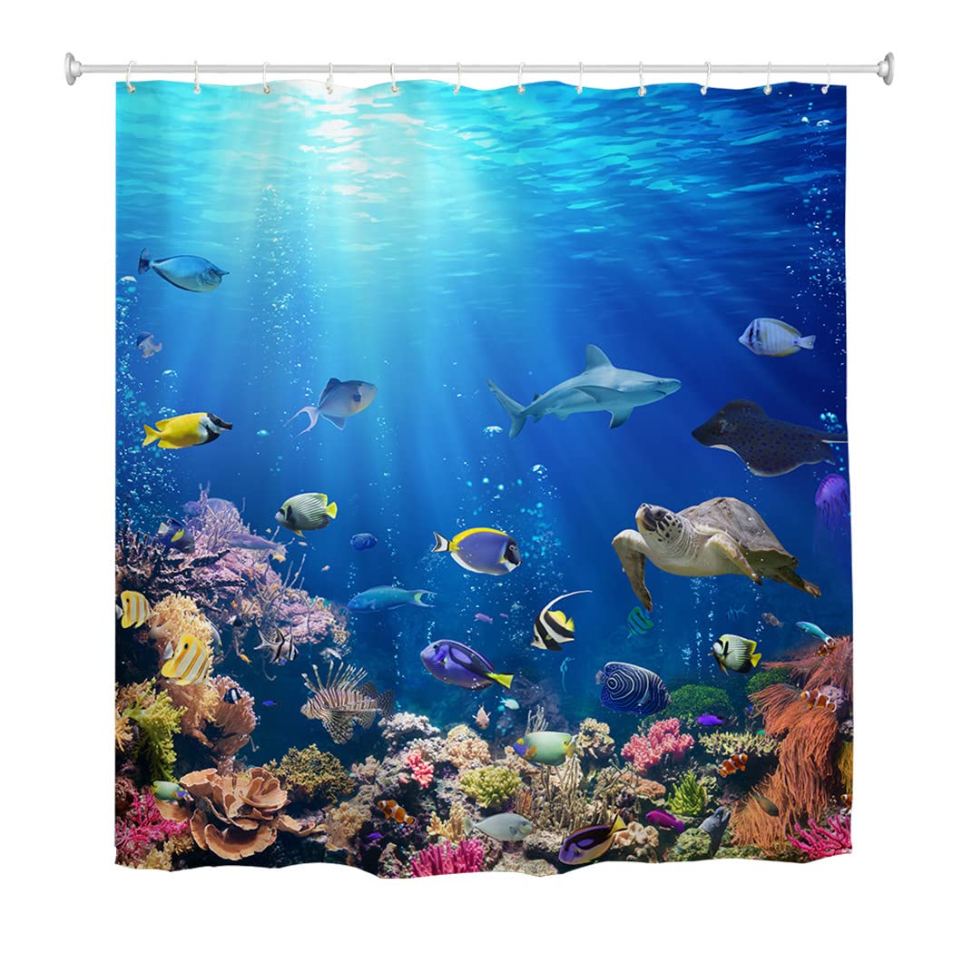 goodbath Long Shower Curtain 200cm drop, Under Ocean Fish Anti Mould Fabric Waterproof Bath Curtains for Bathroom Bathtub, 180 x 200 cm,Bright Blue