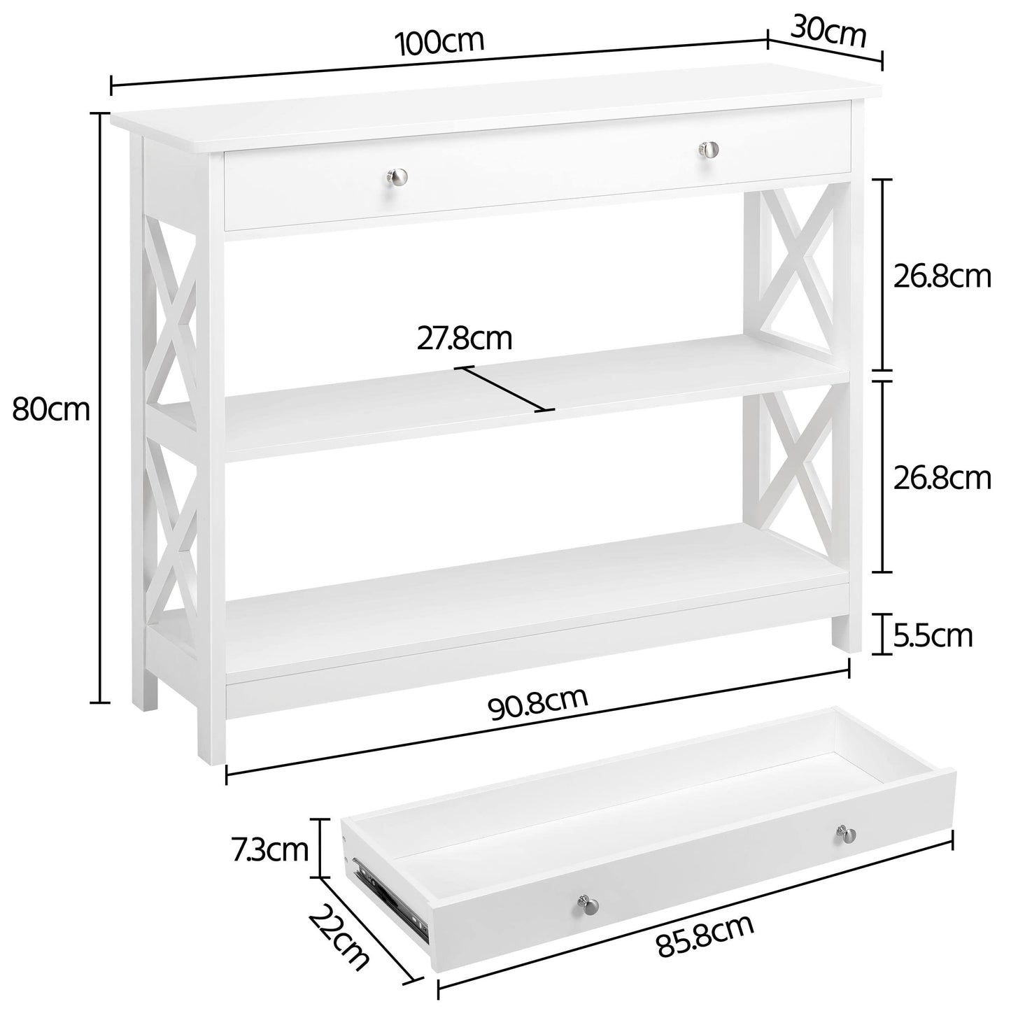 Yaheetech Console Table, Drawer & Shelves, 99.8 × 29.8 × 80 cm, White