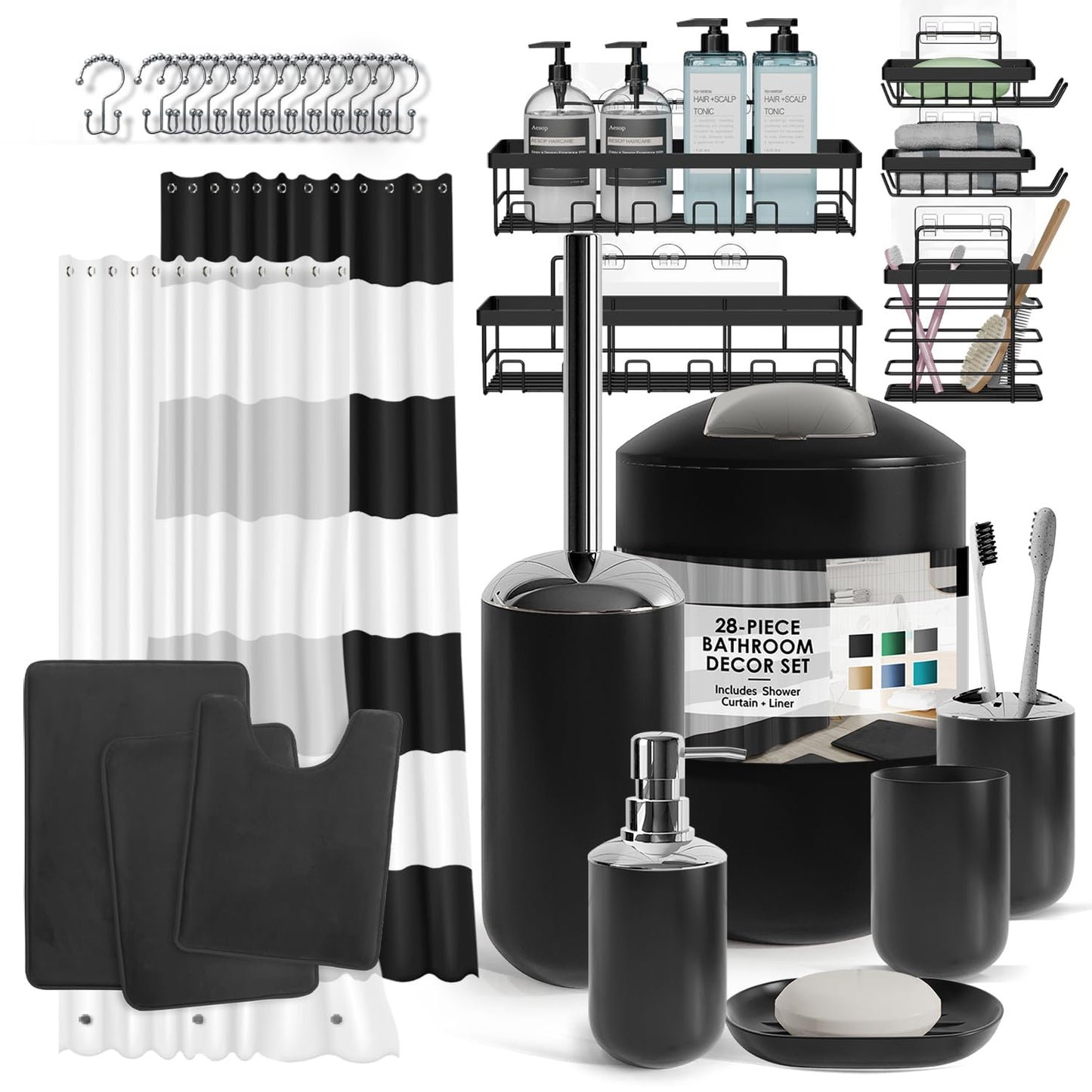 Clara Clark Bathroom Set - 28PC Bathroom Set with Adhesive Corner Shower Caddy Hanging, Bathroom Sets with Shower Curtain and Rugs